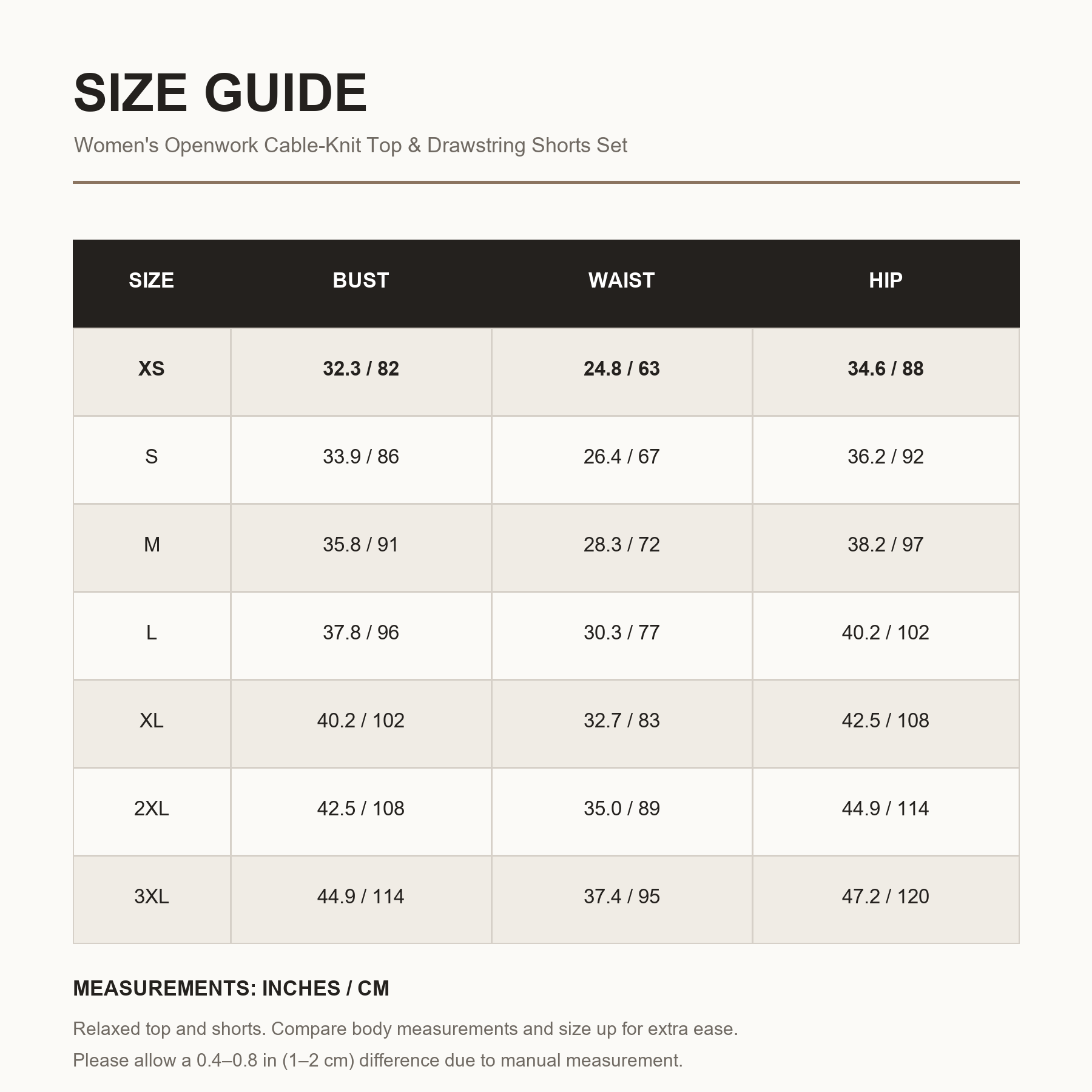 Women's relaxed knit top and shorts size guide XS through 3XL