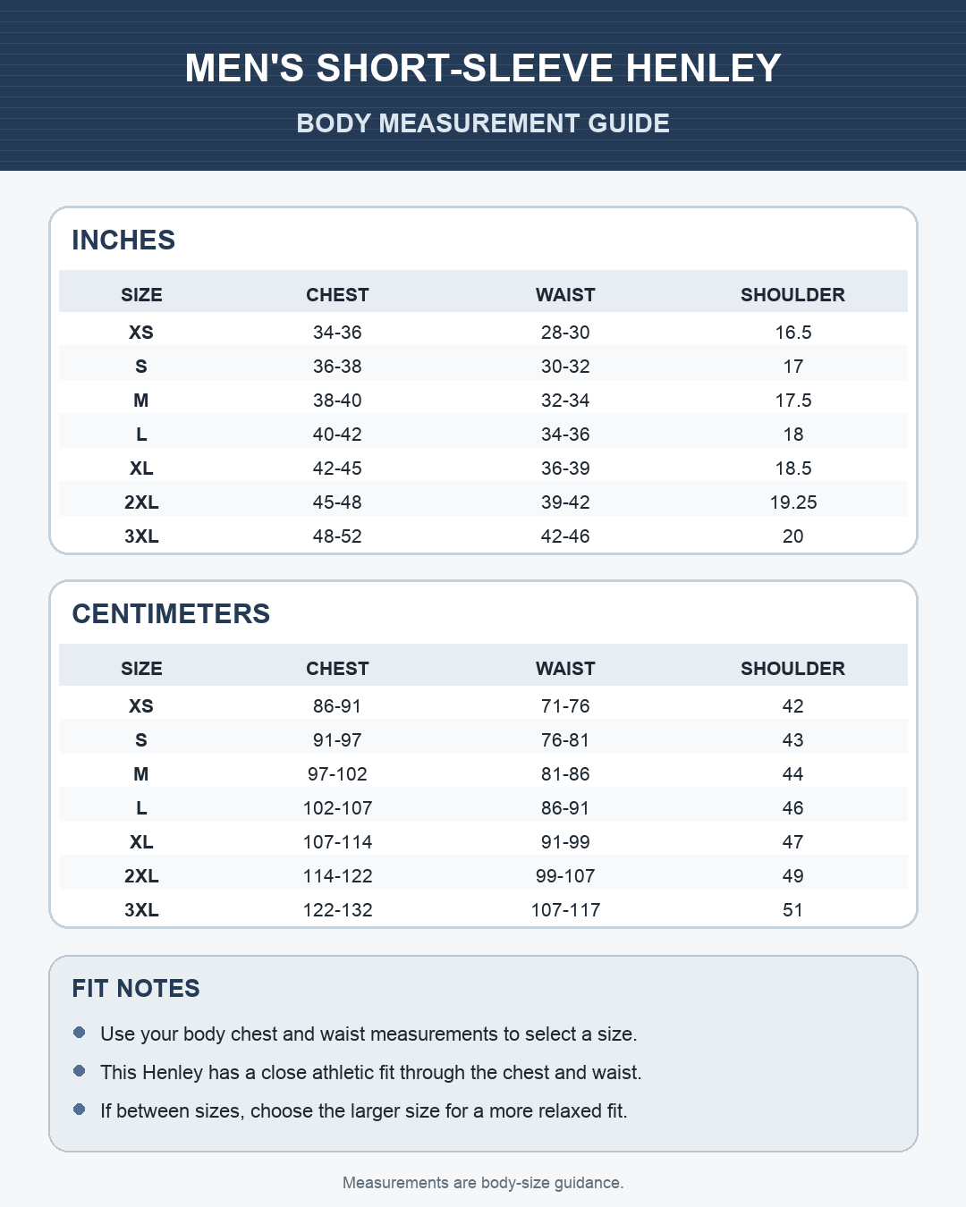 Men's fitted short sleeve Henley shirt size guide