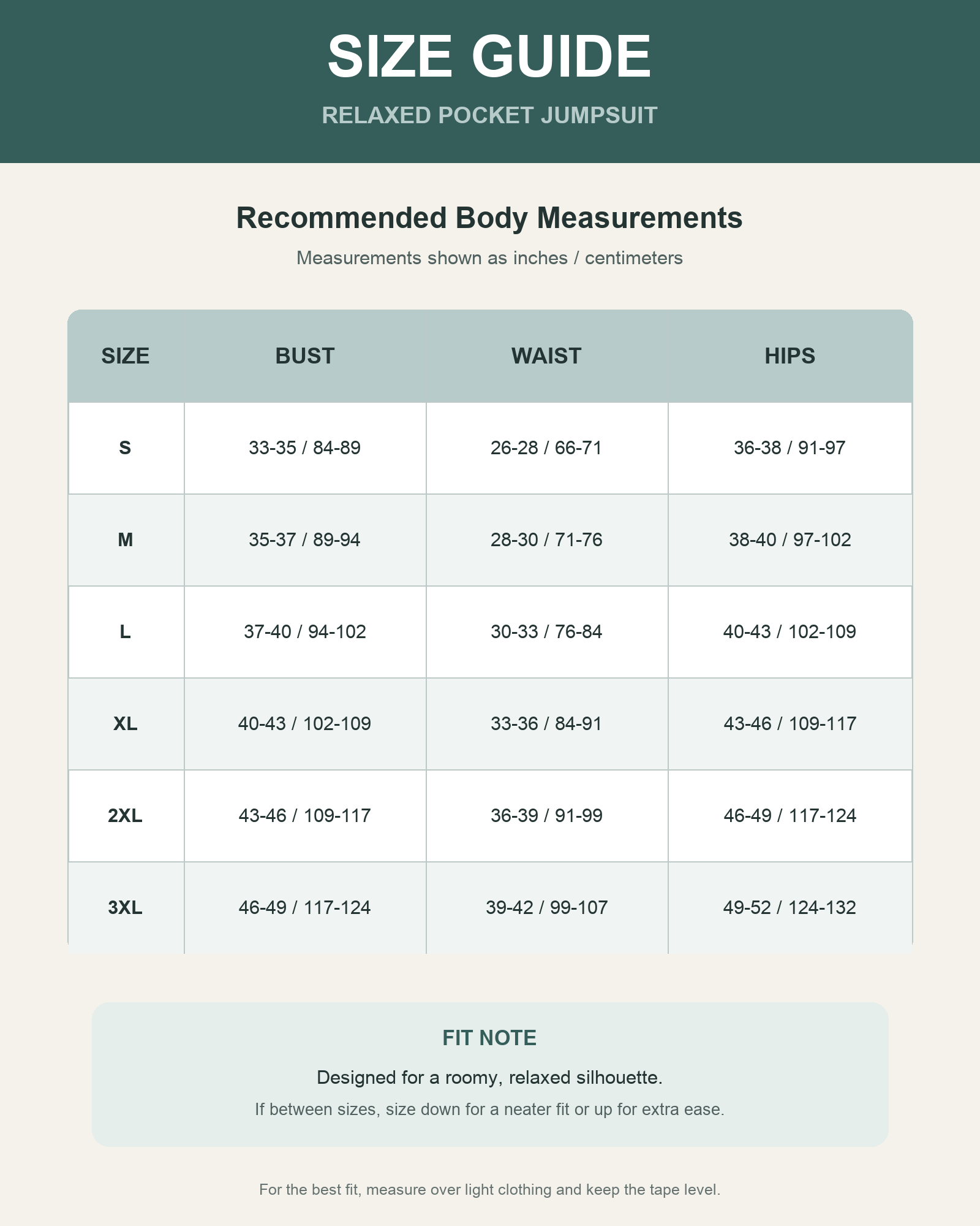 Women's relaxed pocket jumpsuit body measurement size guide