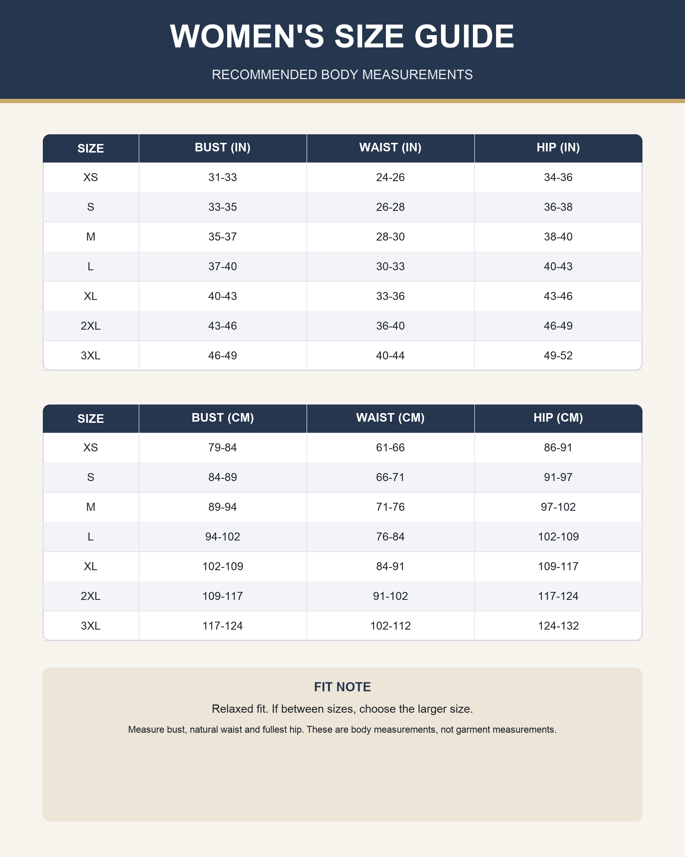Women's relaxed lounge set body measurement size guide