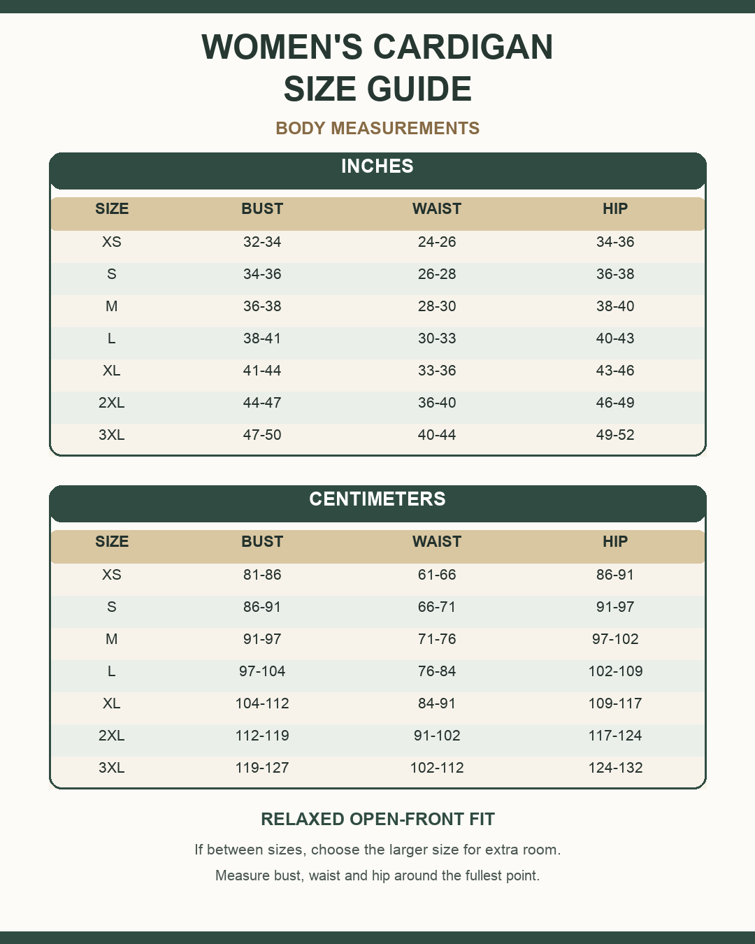 Women's ribbed open-front long cardigan size guide
