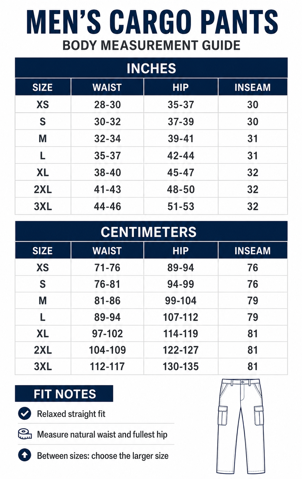 Men's cargo pants body measurement size guide