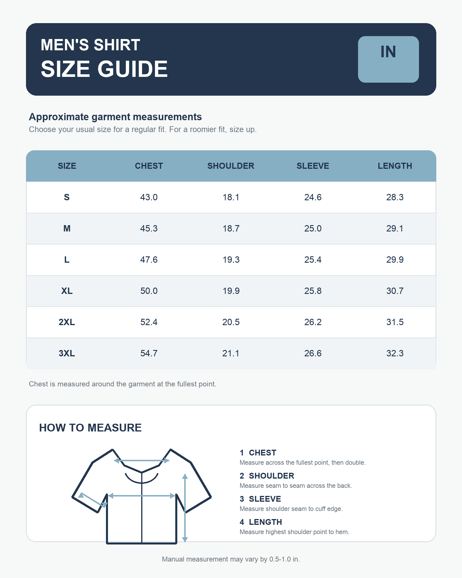 Men's textured long-sleeve shirt garment size guide