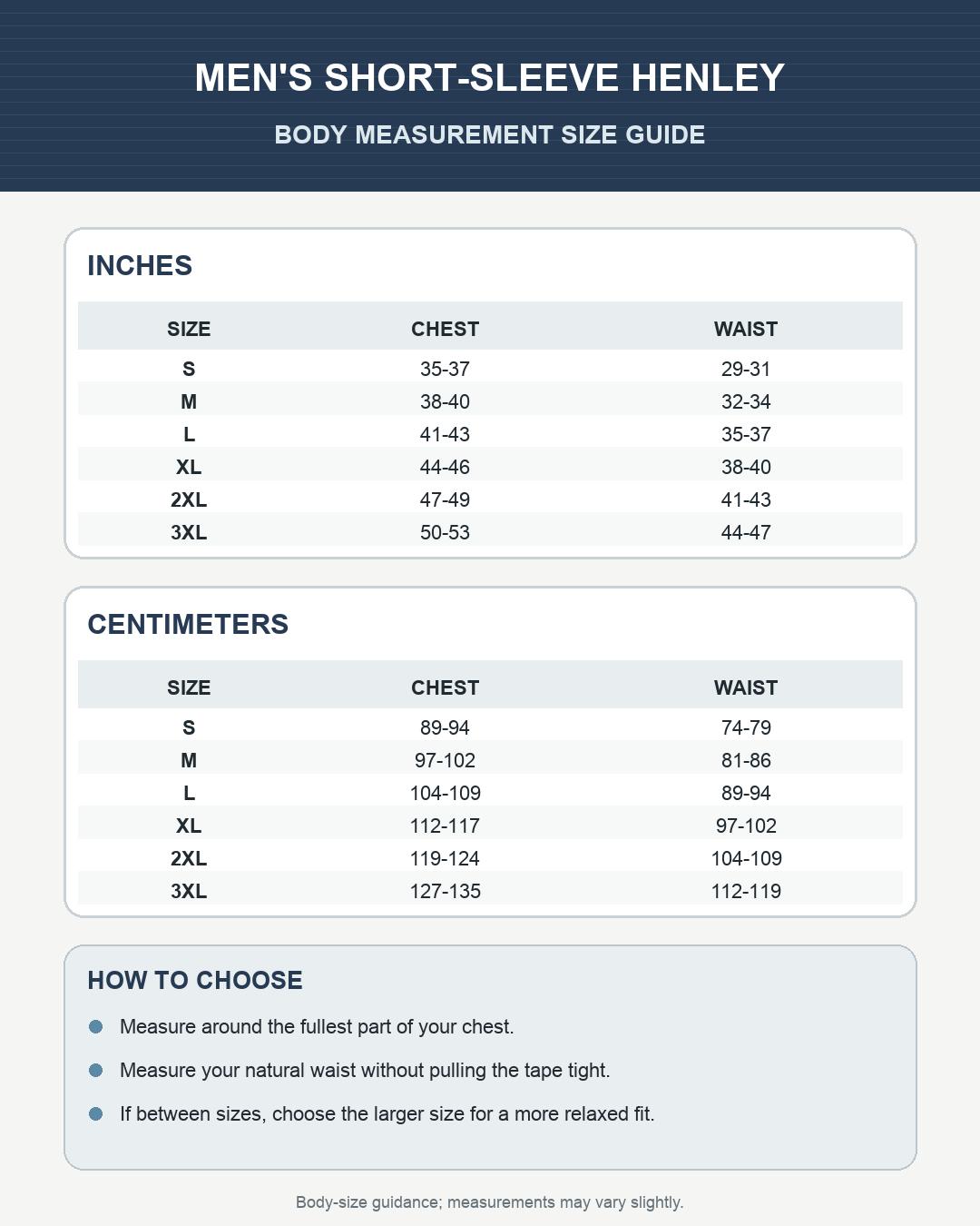 Men's short-sleeve Henley body measurement size guide