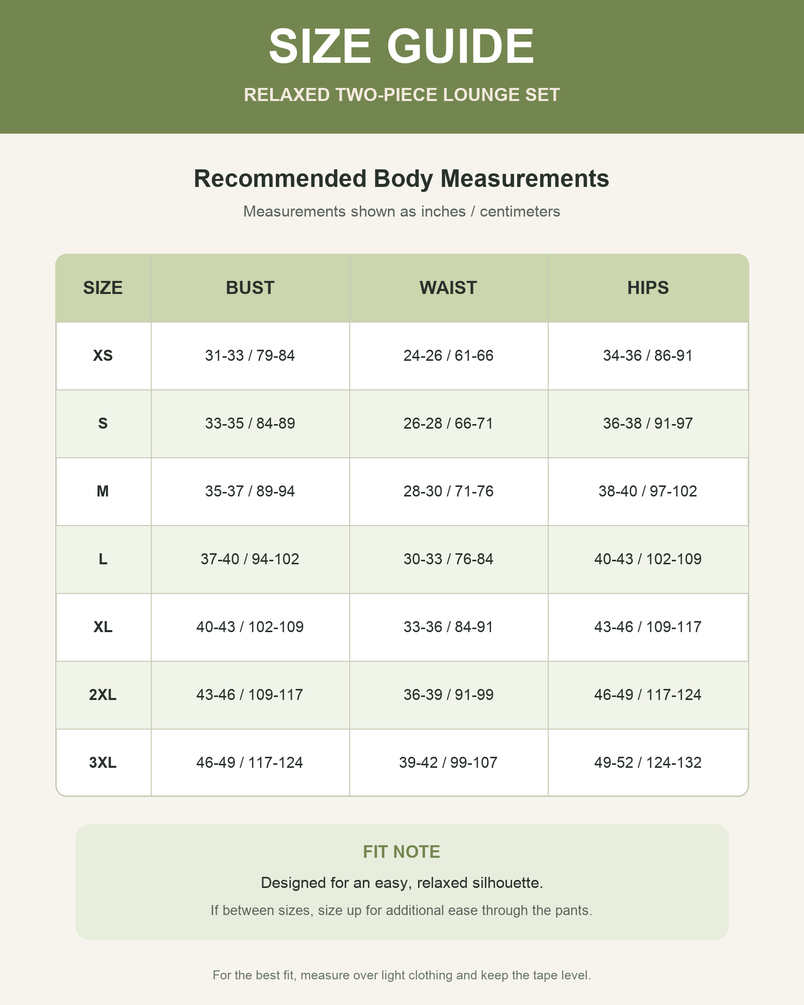 Women's relaxed two piece lounge set body measurement size guide