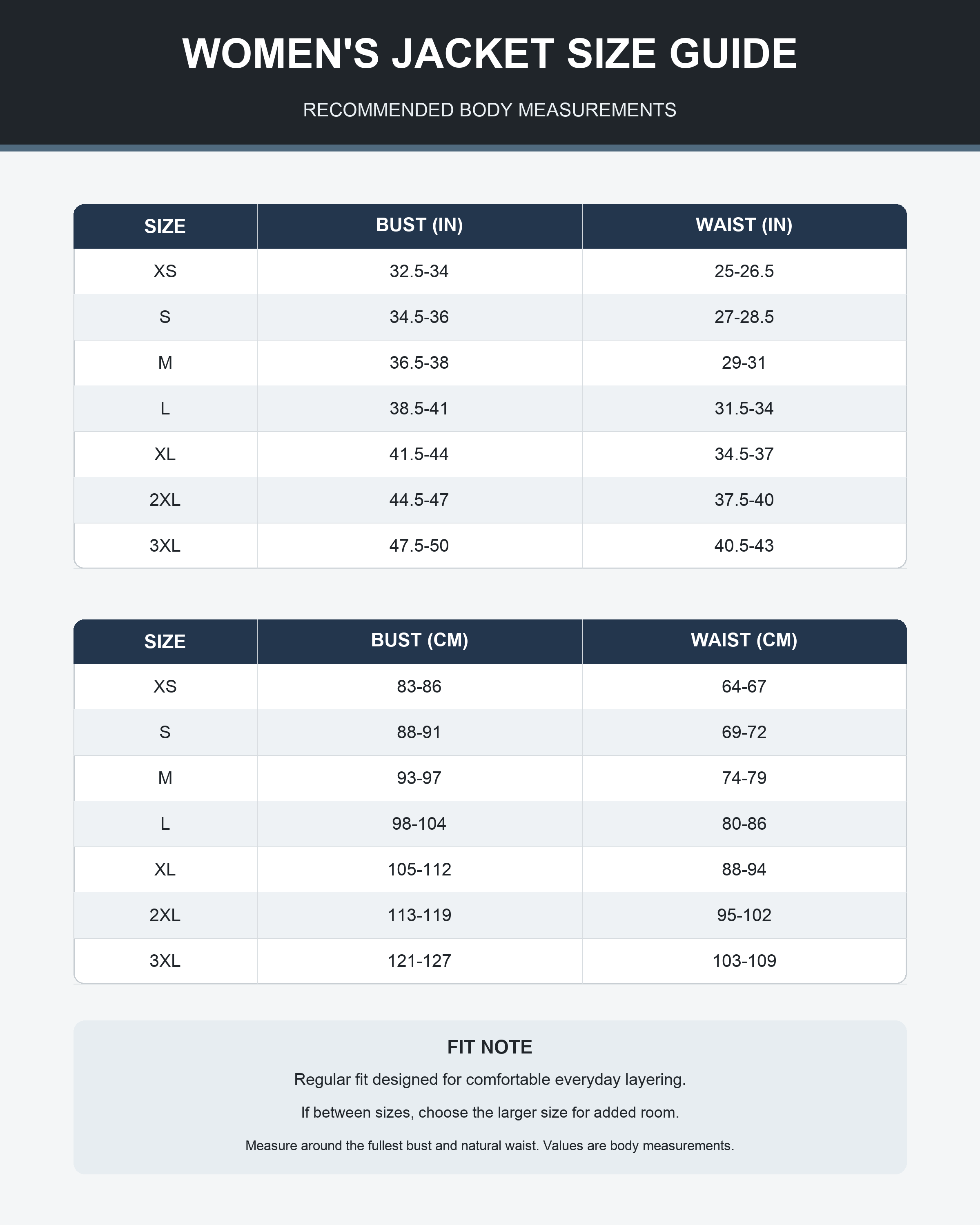 Women's lightweight hooded jacket size guide