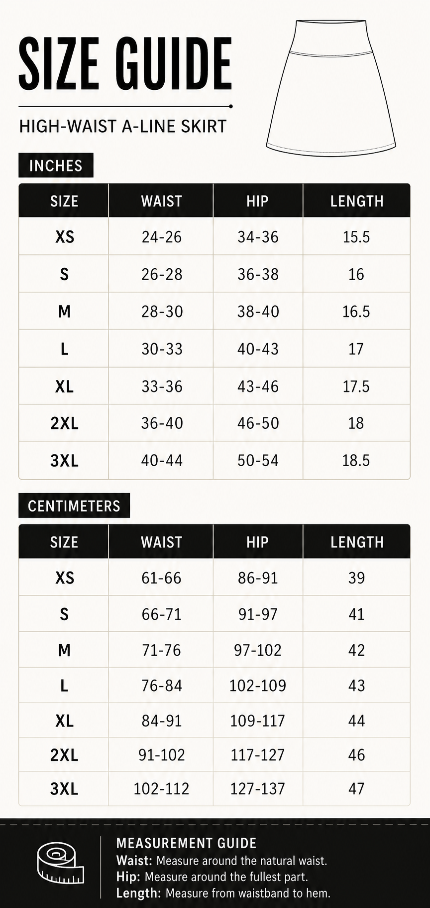 Women's high-waist A-line mini skirt size guide