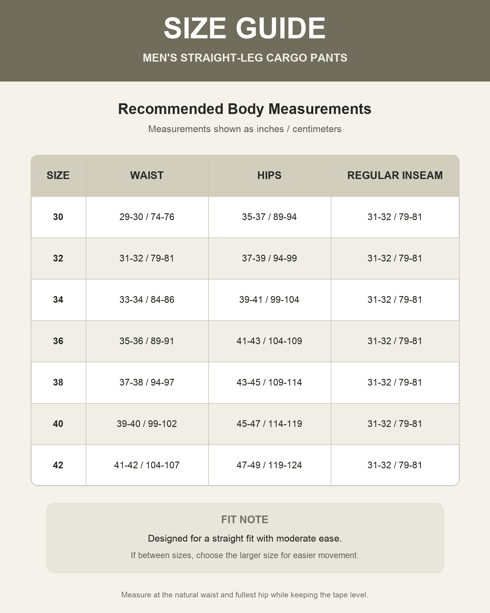 Men's straight leg cargo pants body measurement size guide
