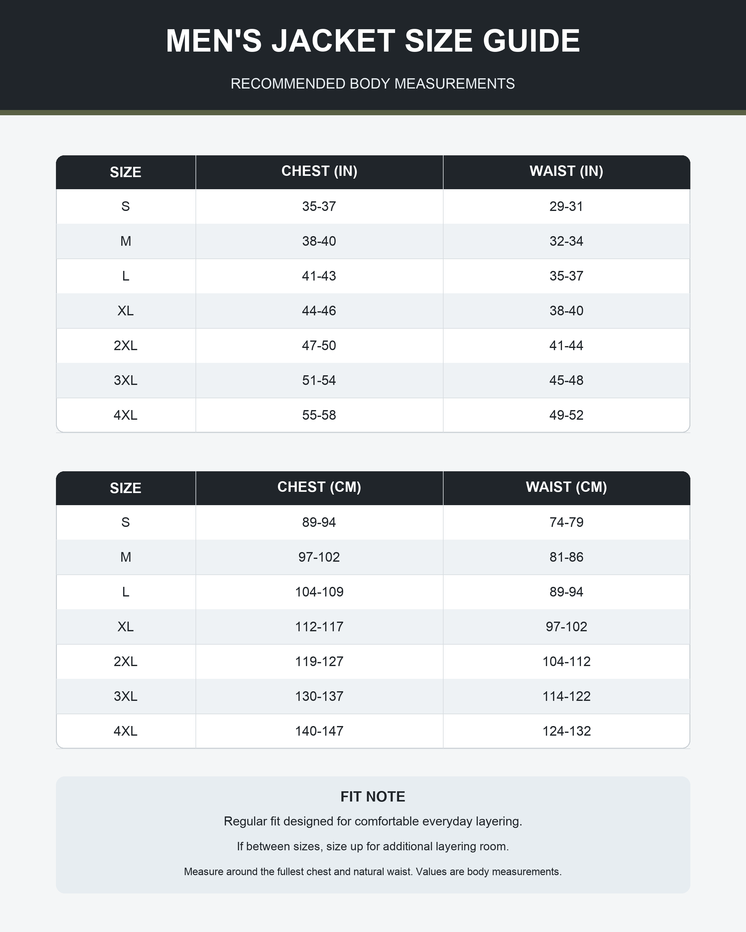 Men's regular fit jacket body size guide