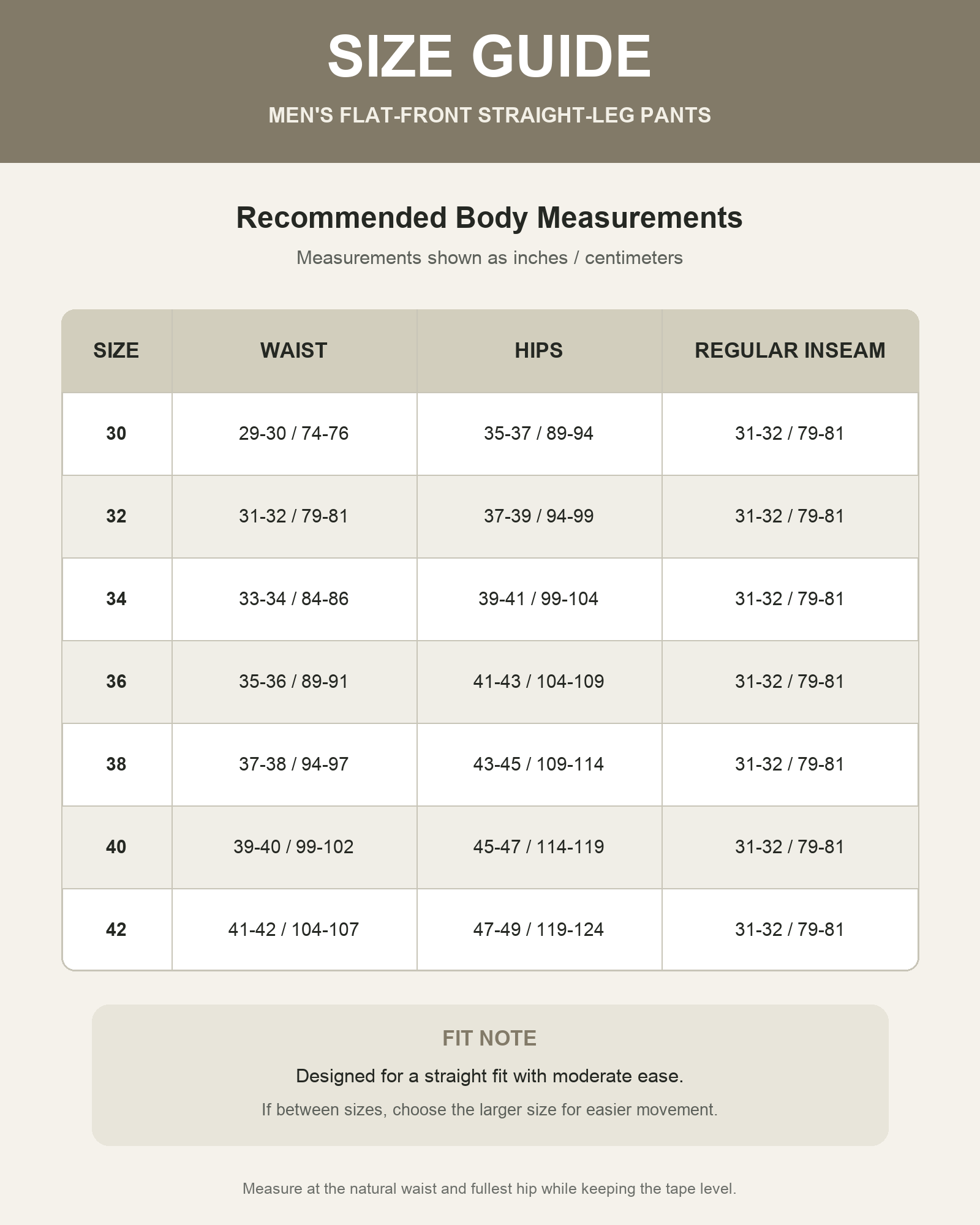 Men's flat-front straight-leg pants body measurement size guide