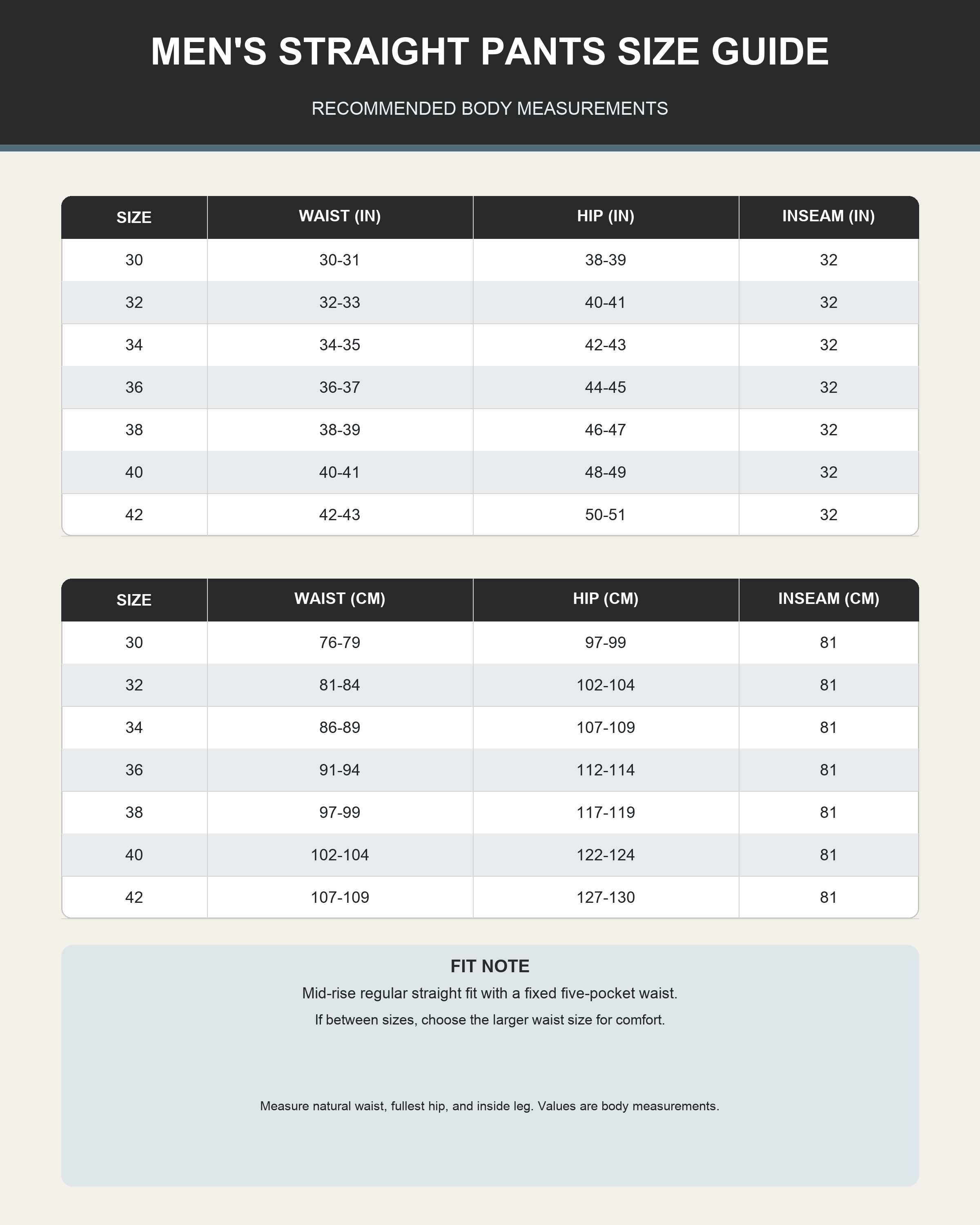 Men's straight work pants size guide