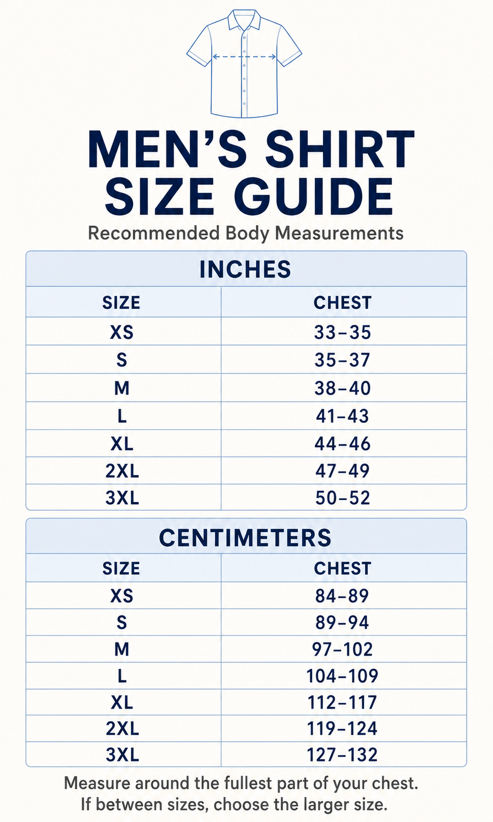 Men's shirt recommended body measurement size guide