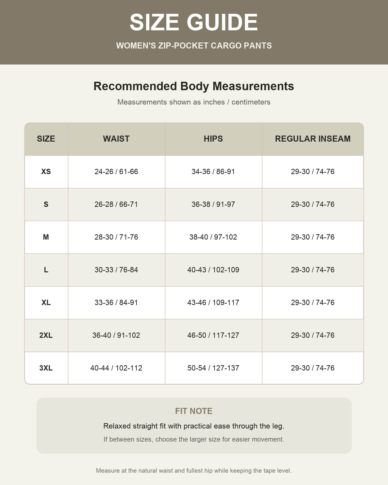 Women's cargo pants body measurement size guide