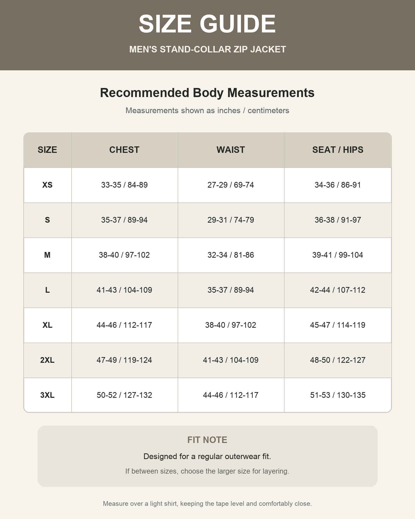Men's stand-collar zip jacket body measurement size guide