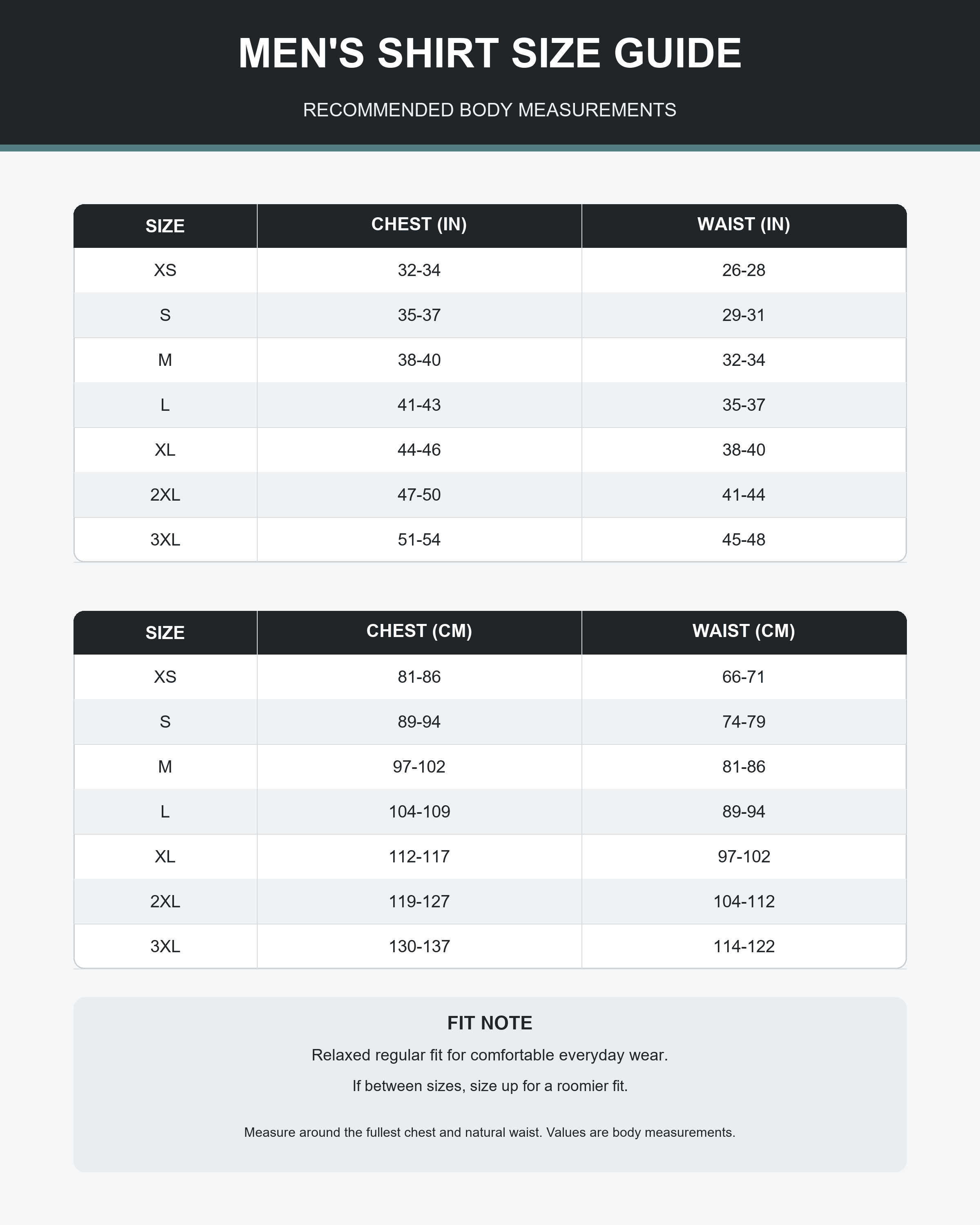 Men's hooded shirt size guide XS through 3XL