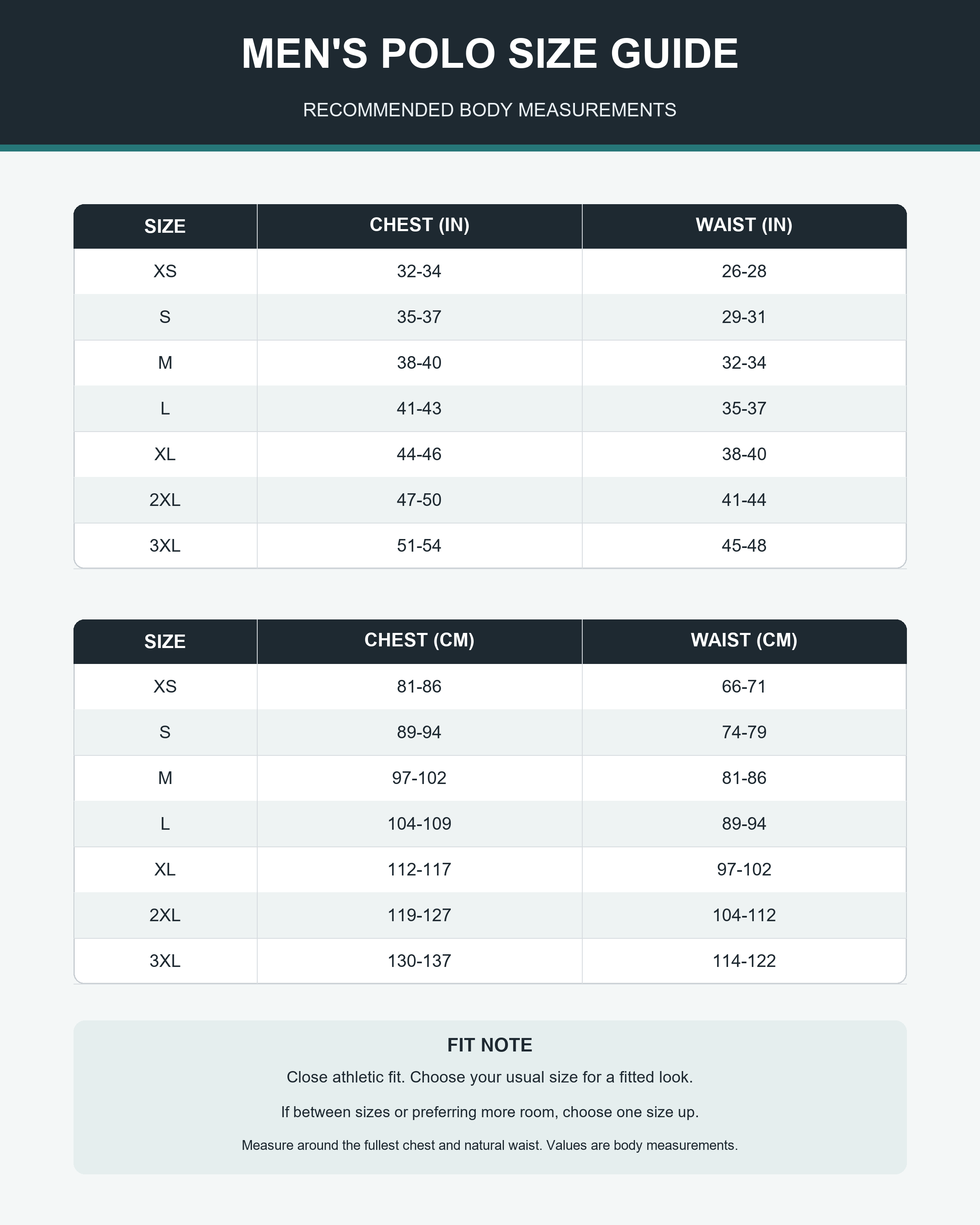 Men's regular fit polo size guide XS through 3XL