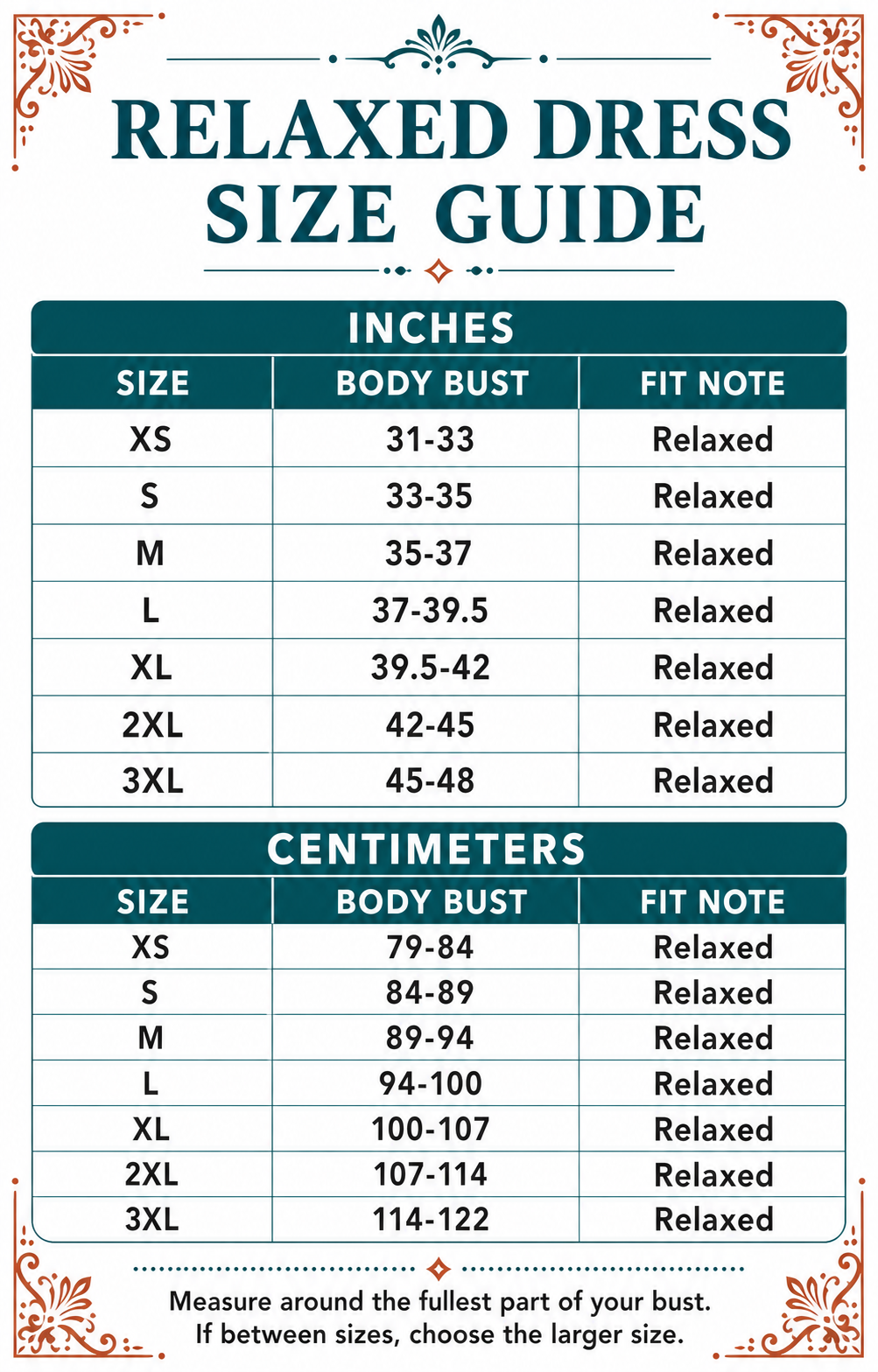 Women's relaxed A-line dress body bust size guide