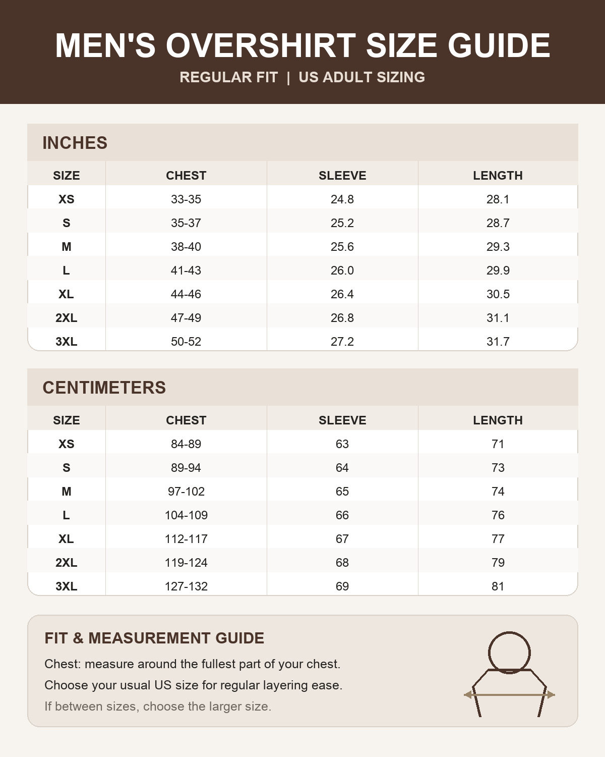 Men's regular-fit long-sleeve overshirt body measurement size guide