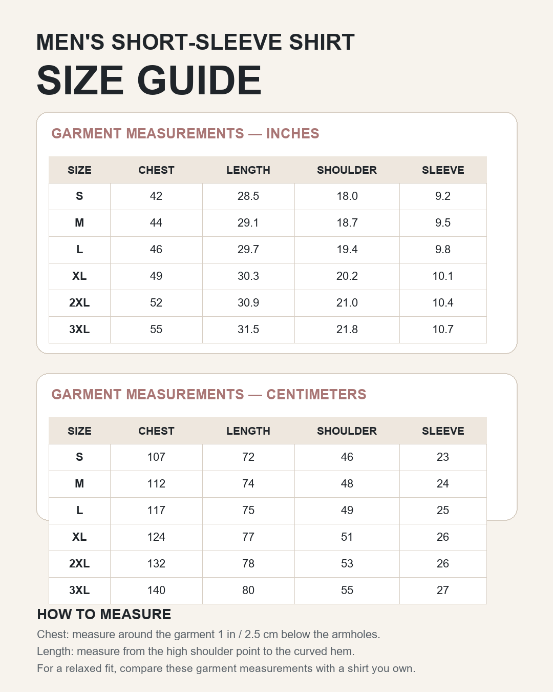 Men's short-sleeve shirt size guide S through 3XL