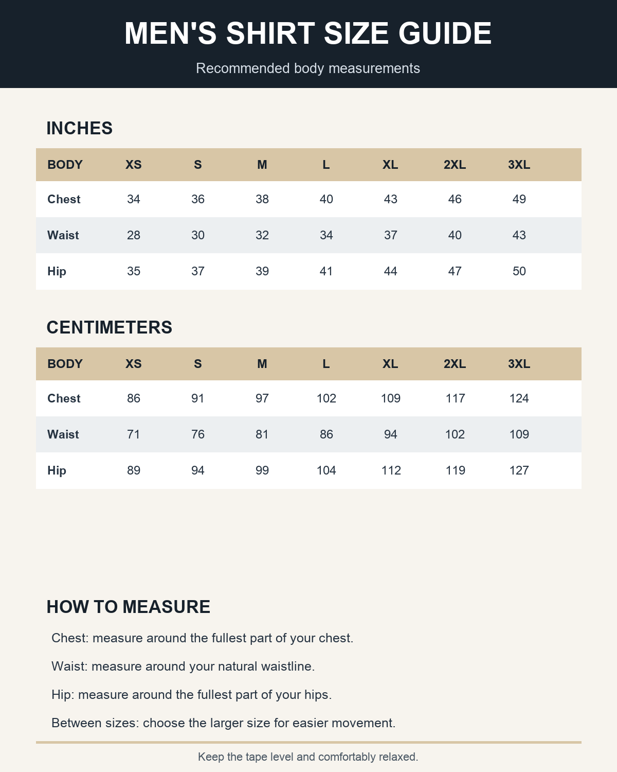 Men's short-sleeve shirt size guide
