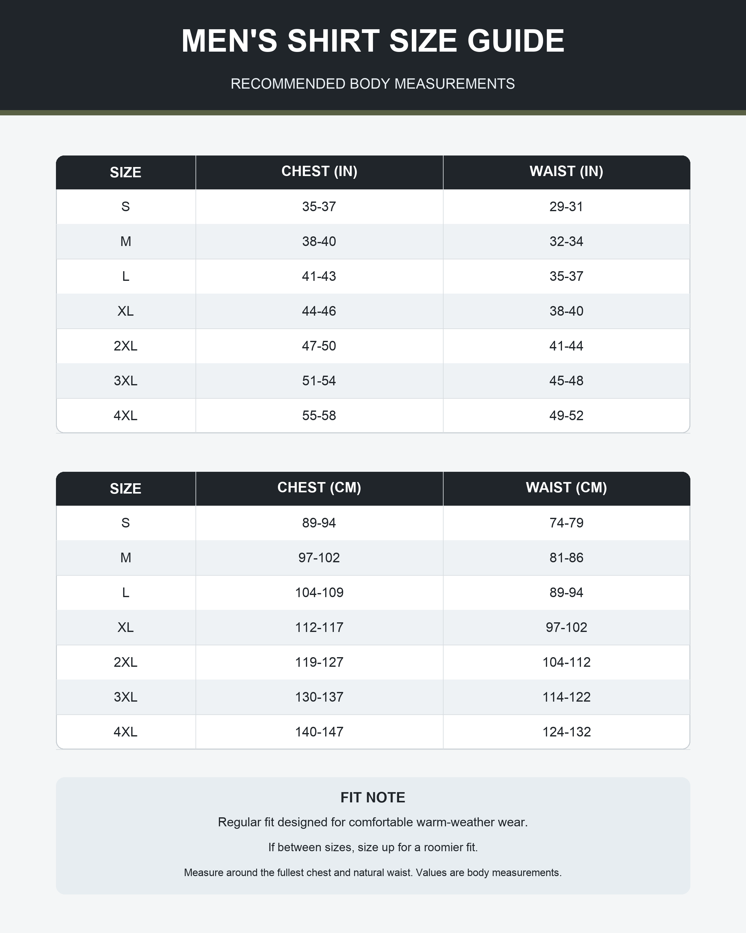 Men's relaxed short-sleeve shirt size guide