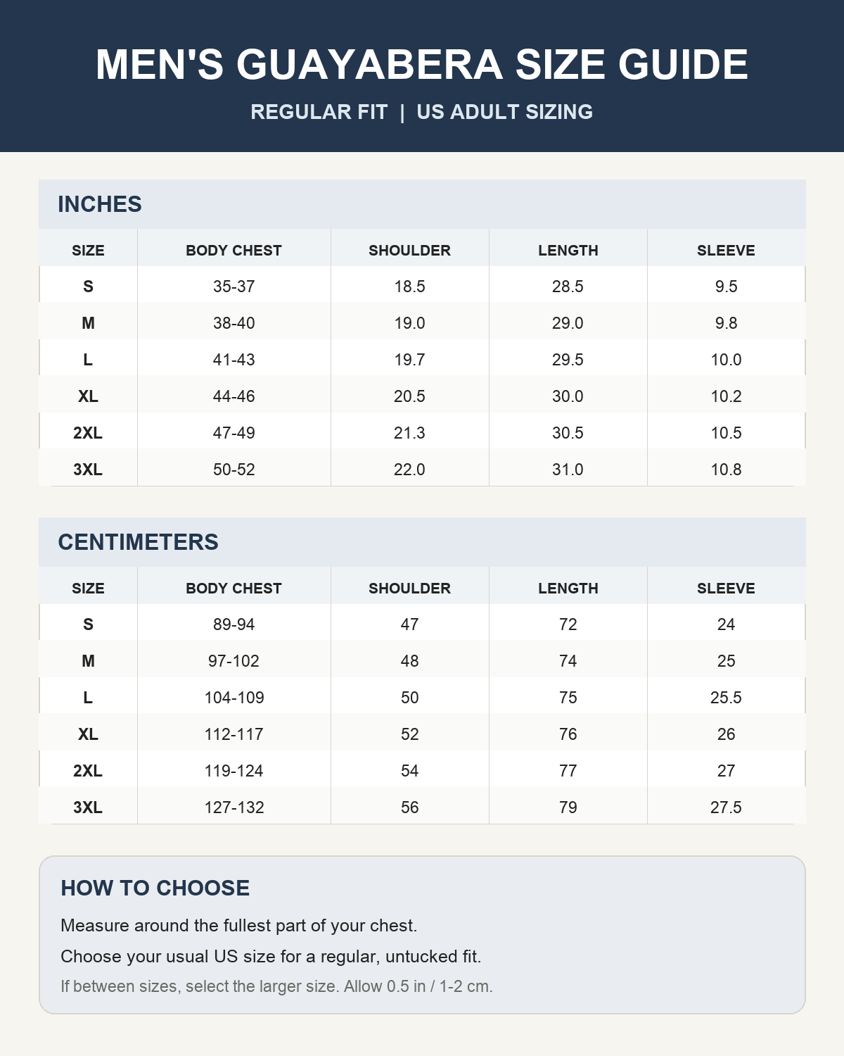 Men's regular-fit short-sleeve guayabera size guide
