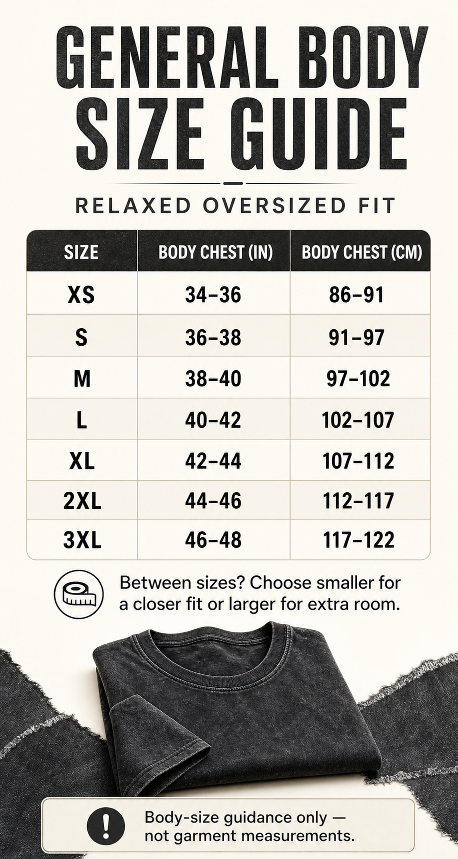 Men's oversized T-shirt general body size guide