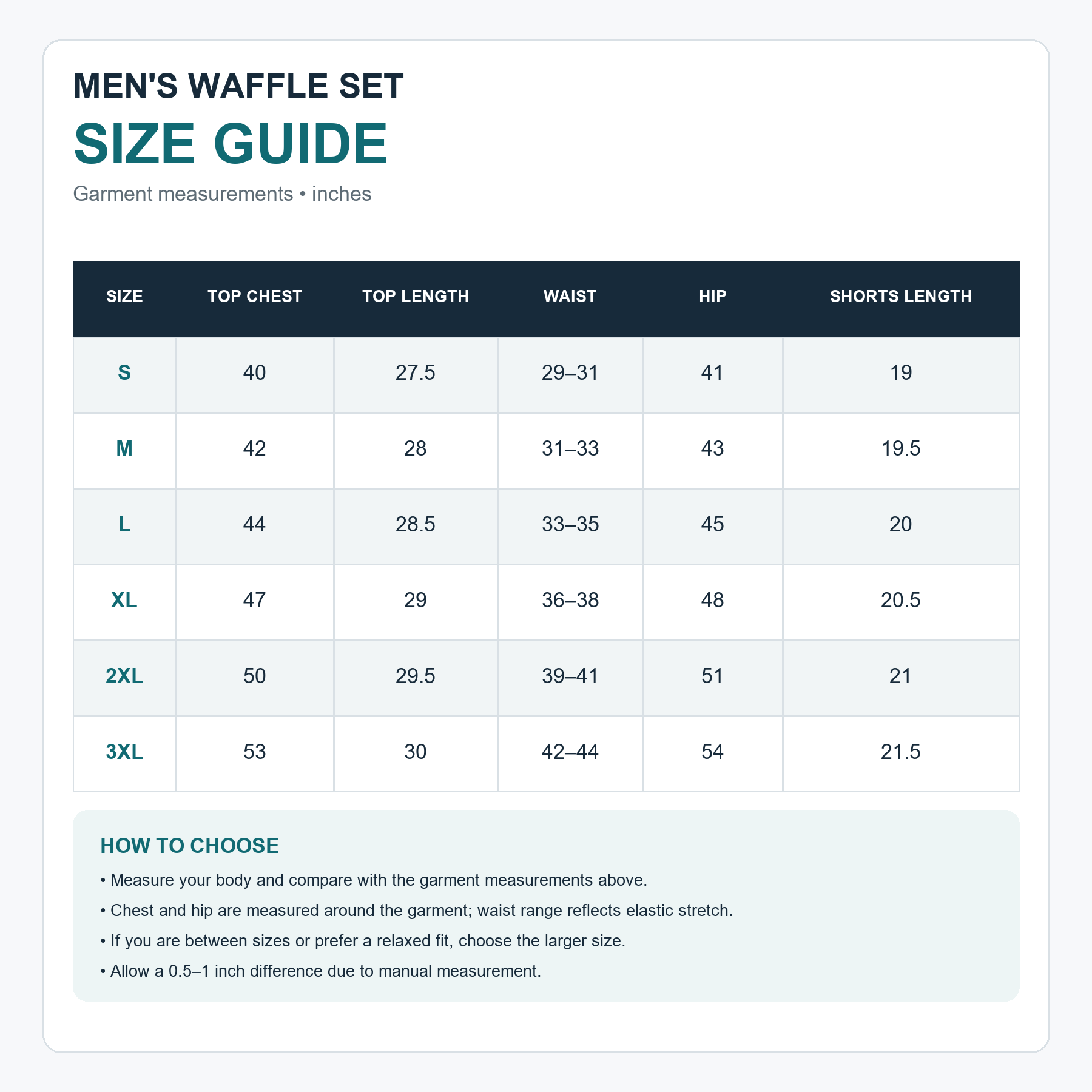 Men's waffle knit set size guide S through 3XL