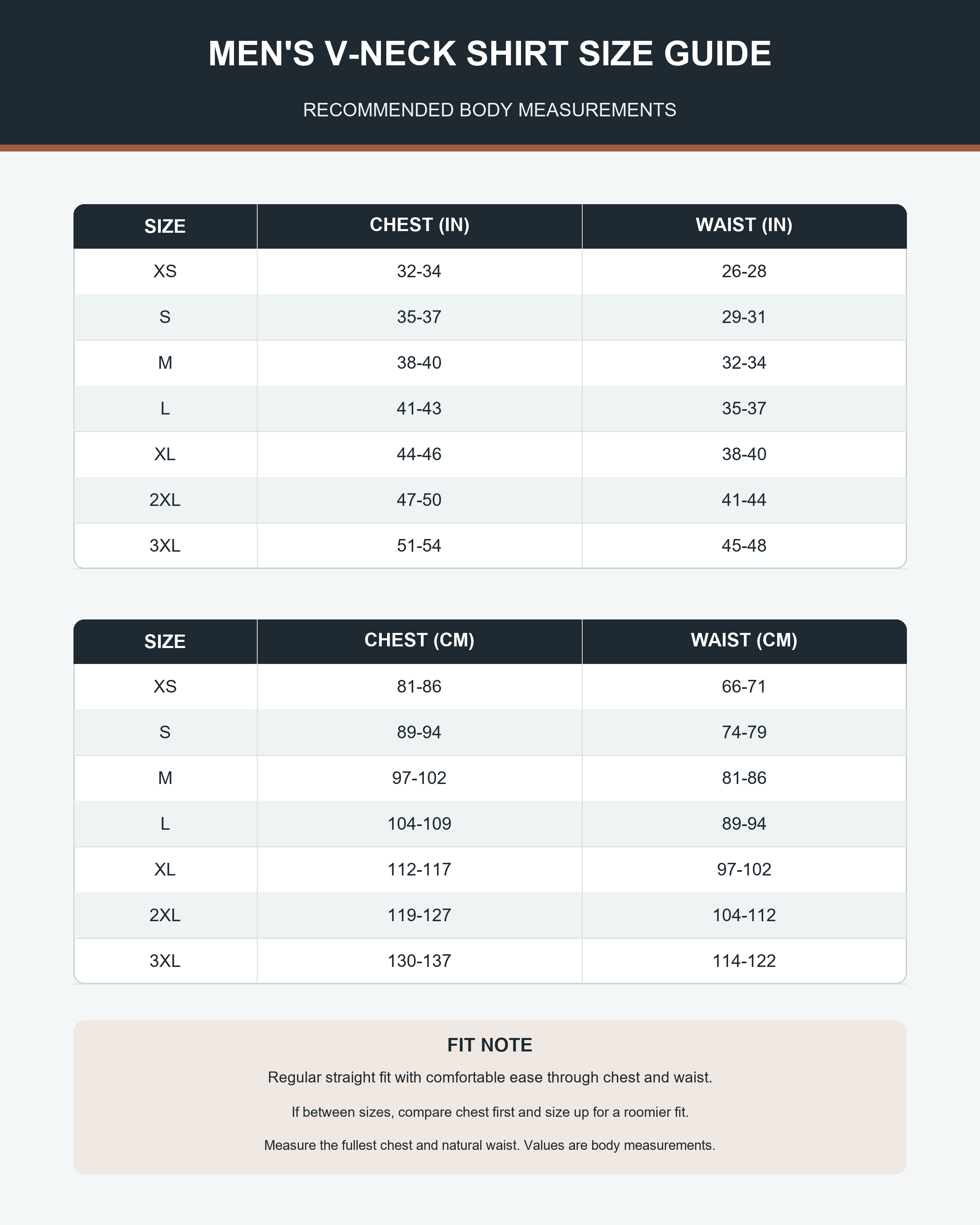 Men's regular-fit V-neck shirt size guide XS through 3XL