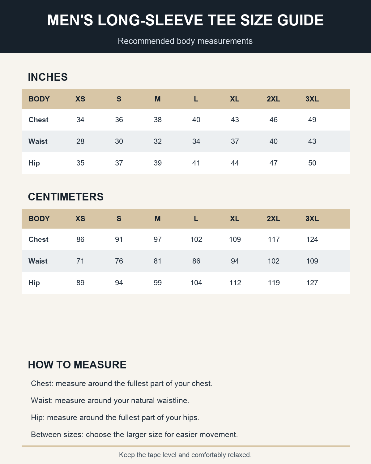 Men's long-sleeve T-shirt size guide