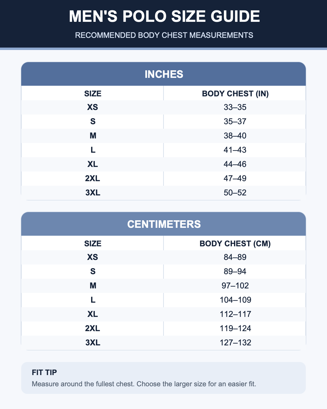 Men's polo recommended body chest size guide