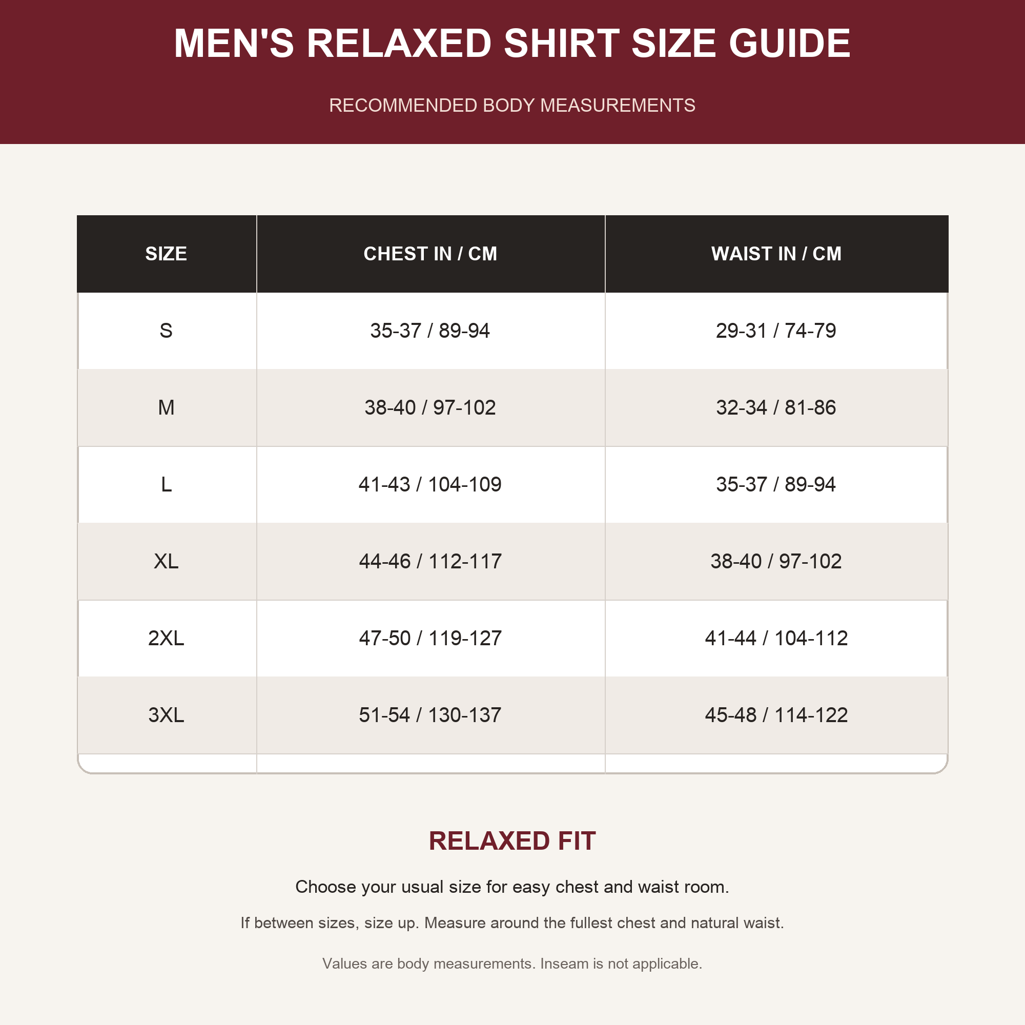Men's relaxed short-sleeve shirt size guide