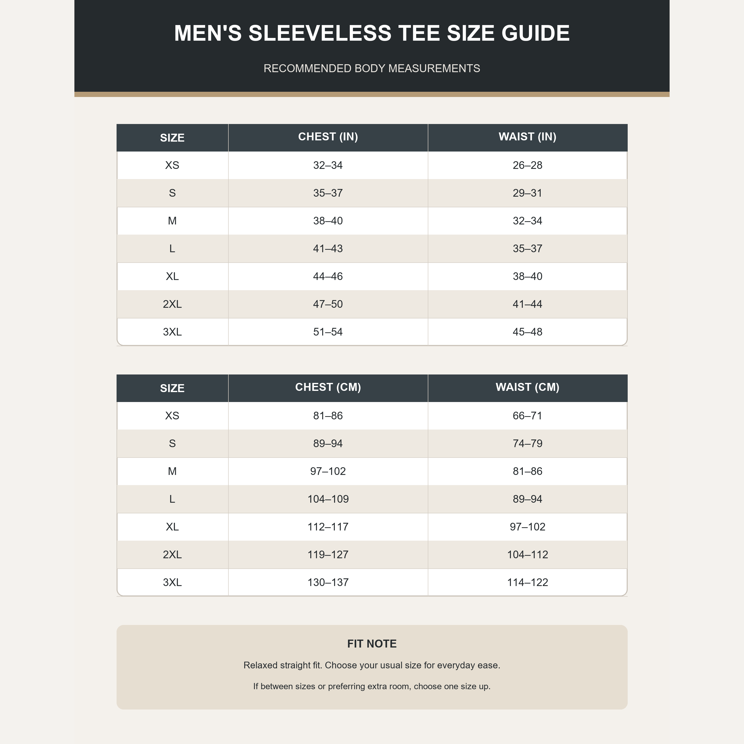 Men's relaxed sleeveless T-shirt size guide XS through 3XL