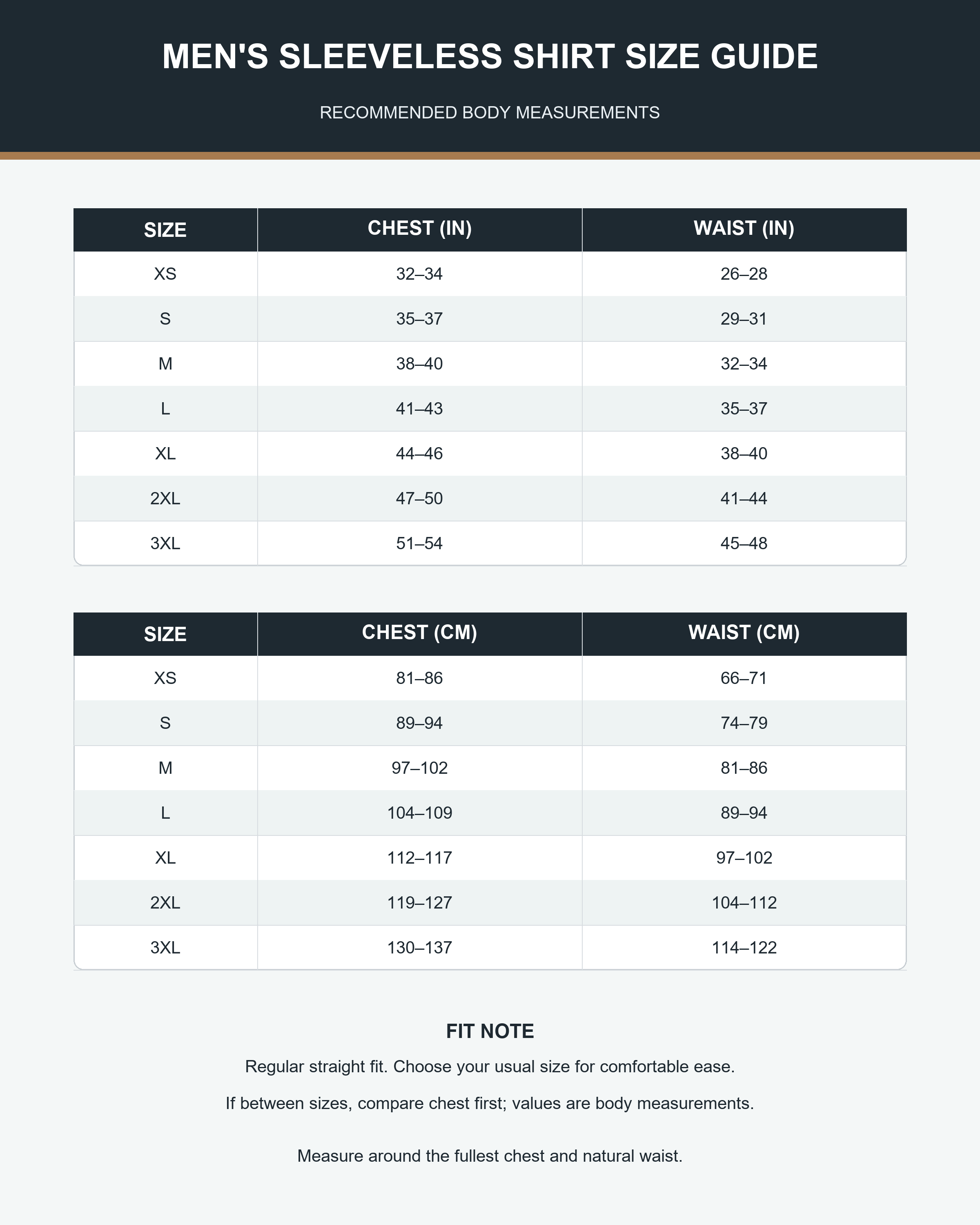 Men's sleeveless shirt size guide XS through 3XL