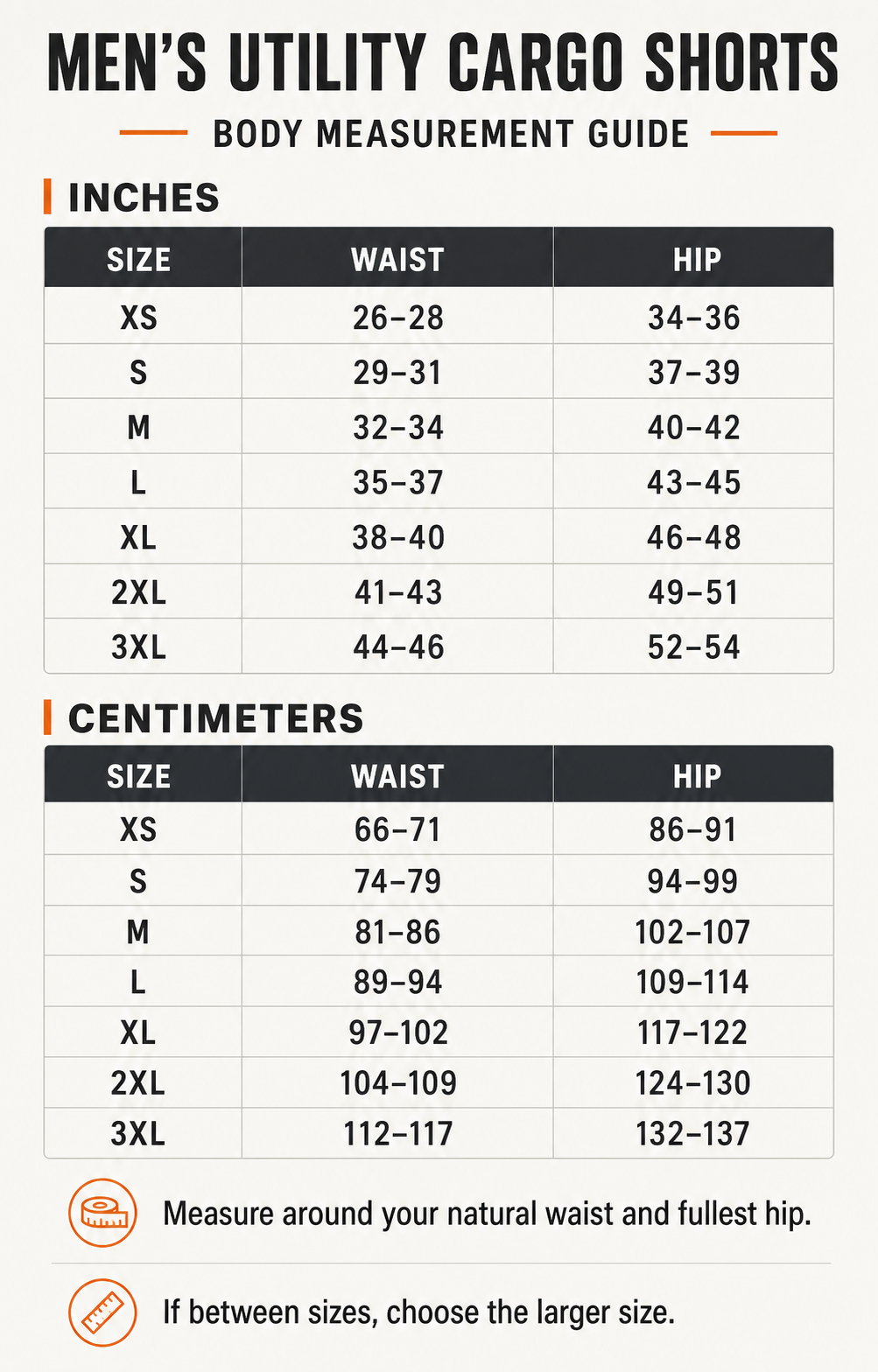 Men's utility cargo shorts body measurement size guide