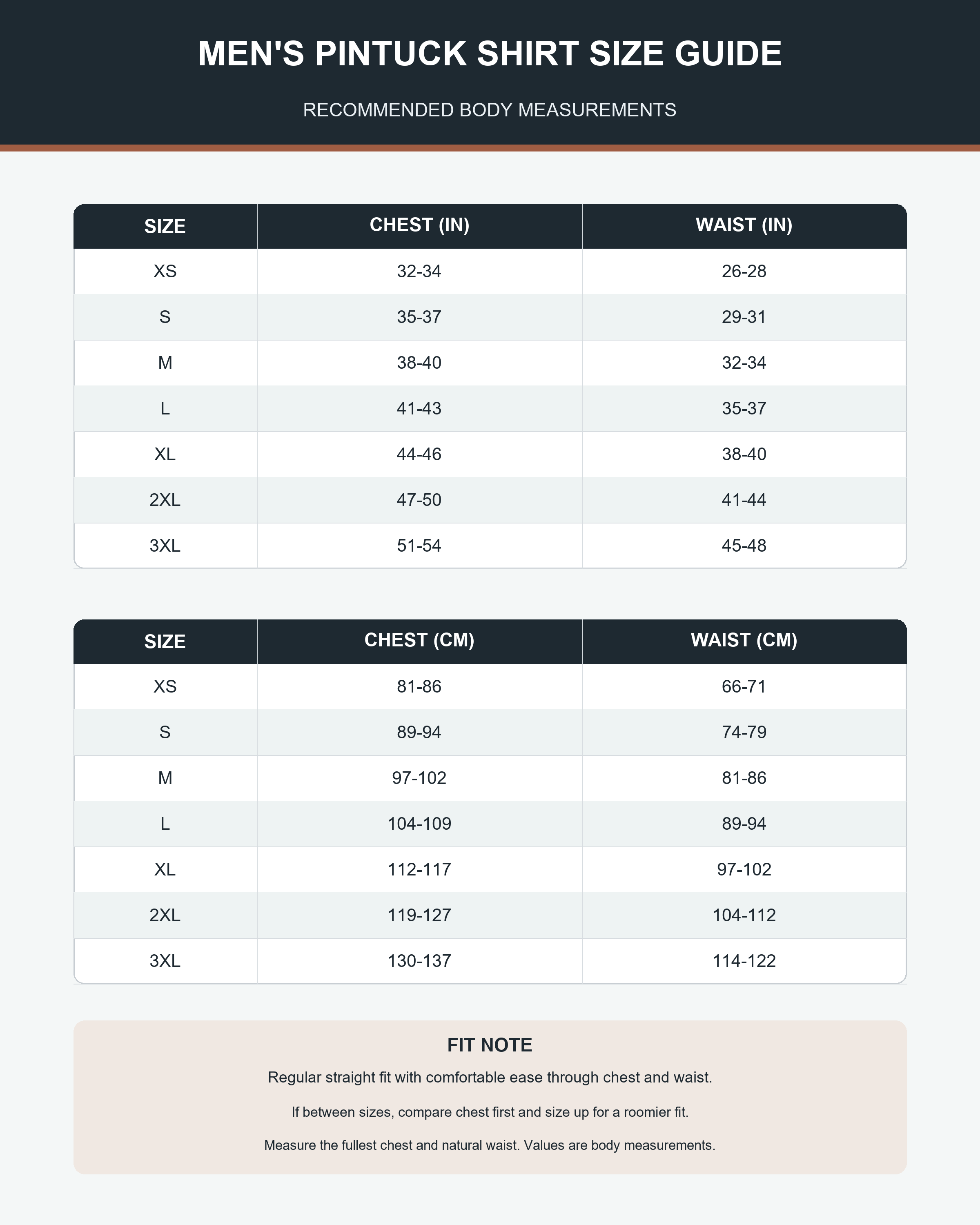 Men's regular-fit pintuck shirt size guide XS through 3XL