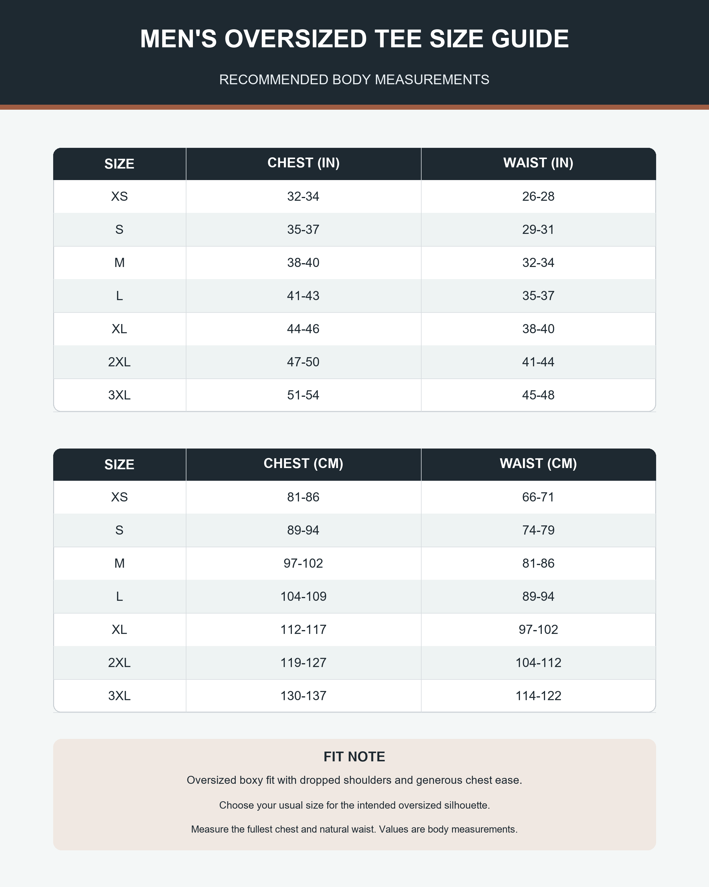 Men's oversized T-shirt size guide