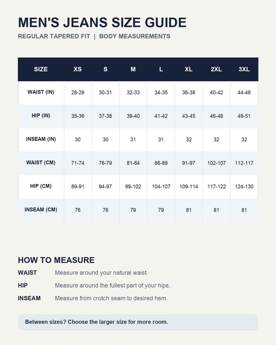 Men's regular tapered jeans size guide