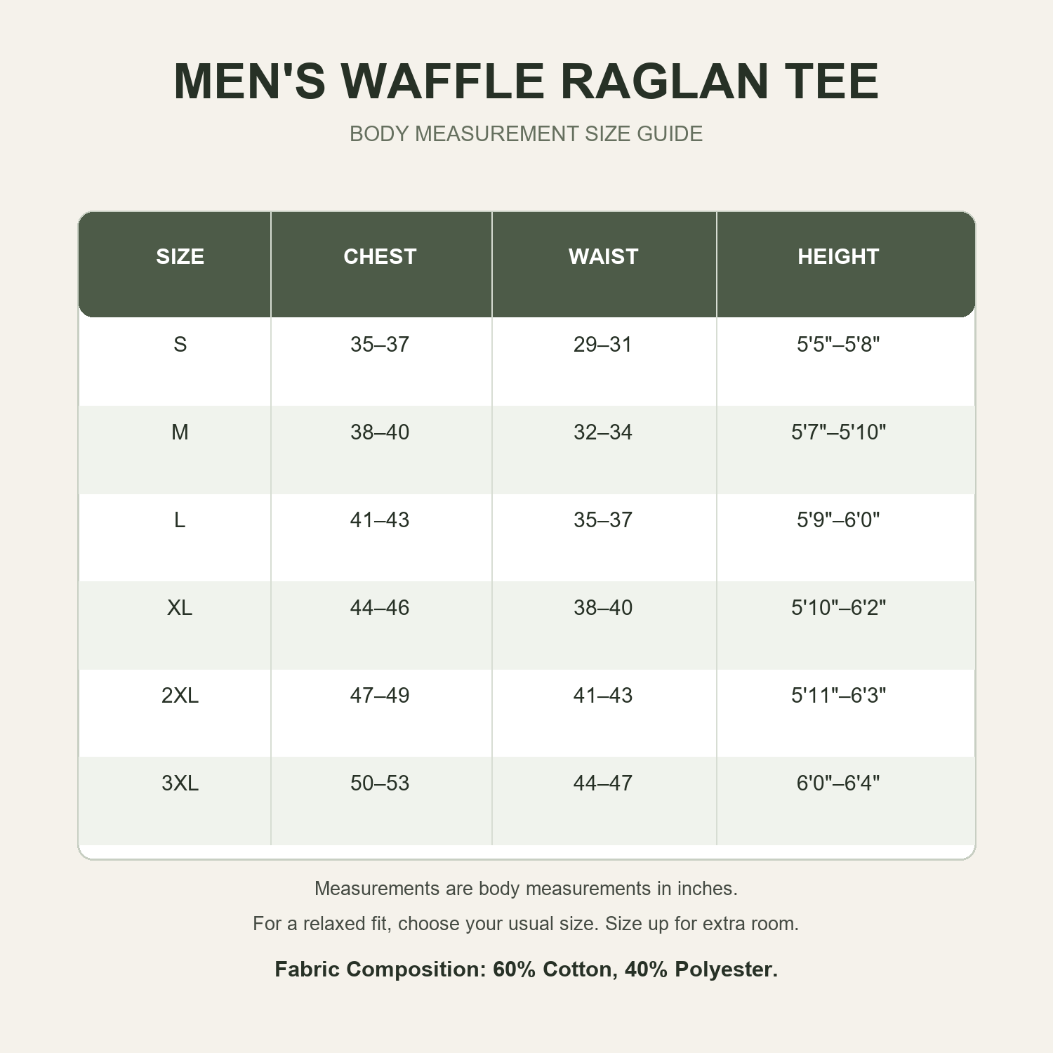 Men's relaxed waffle raglan T-shirt size guide