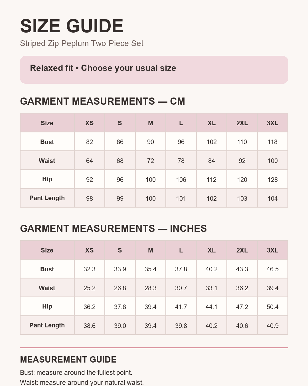 Women's striped two-piece set size guide