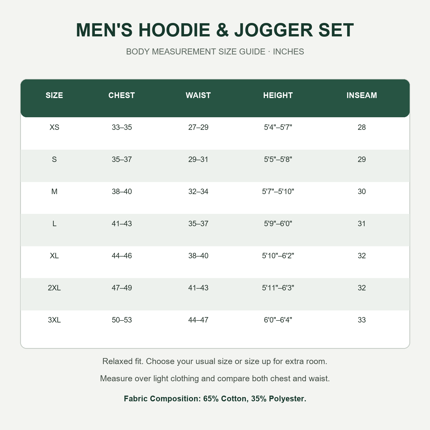 Men's relaxed hoodie and jogger set size guide