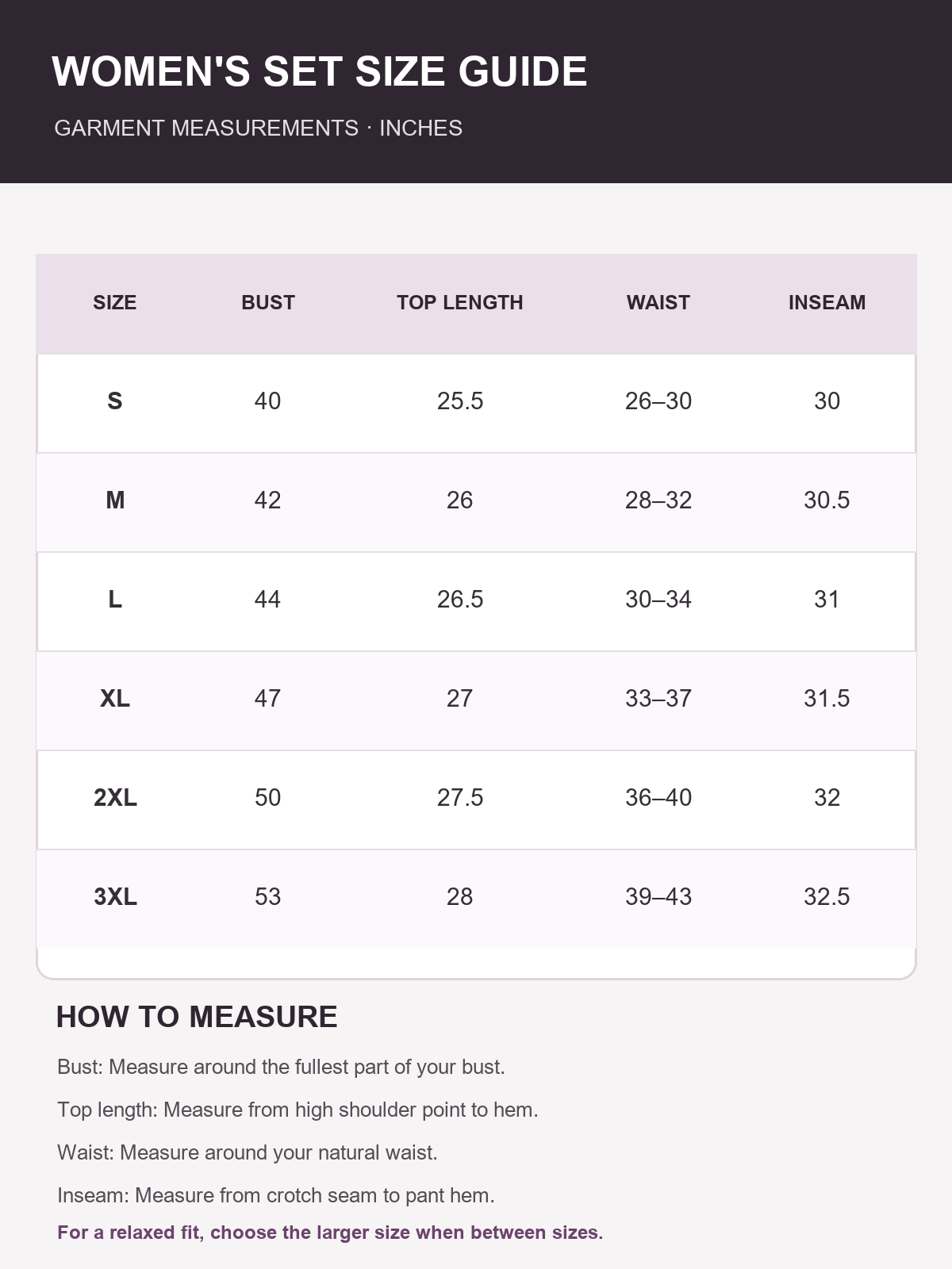 Women's one-shoulder set size guide S through 3XL