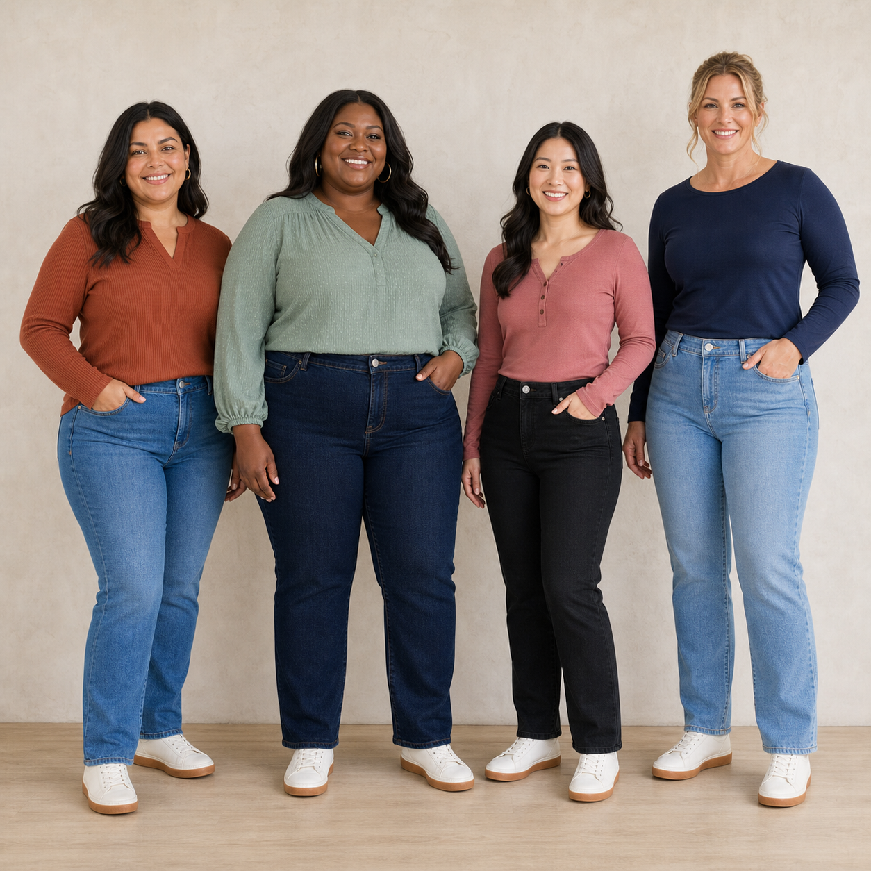 Four women wearing jeans in package A colors
