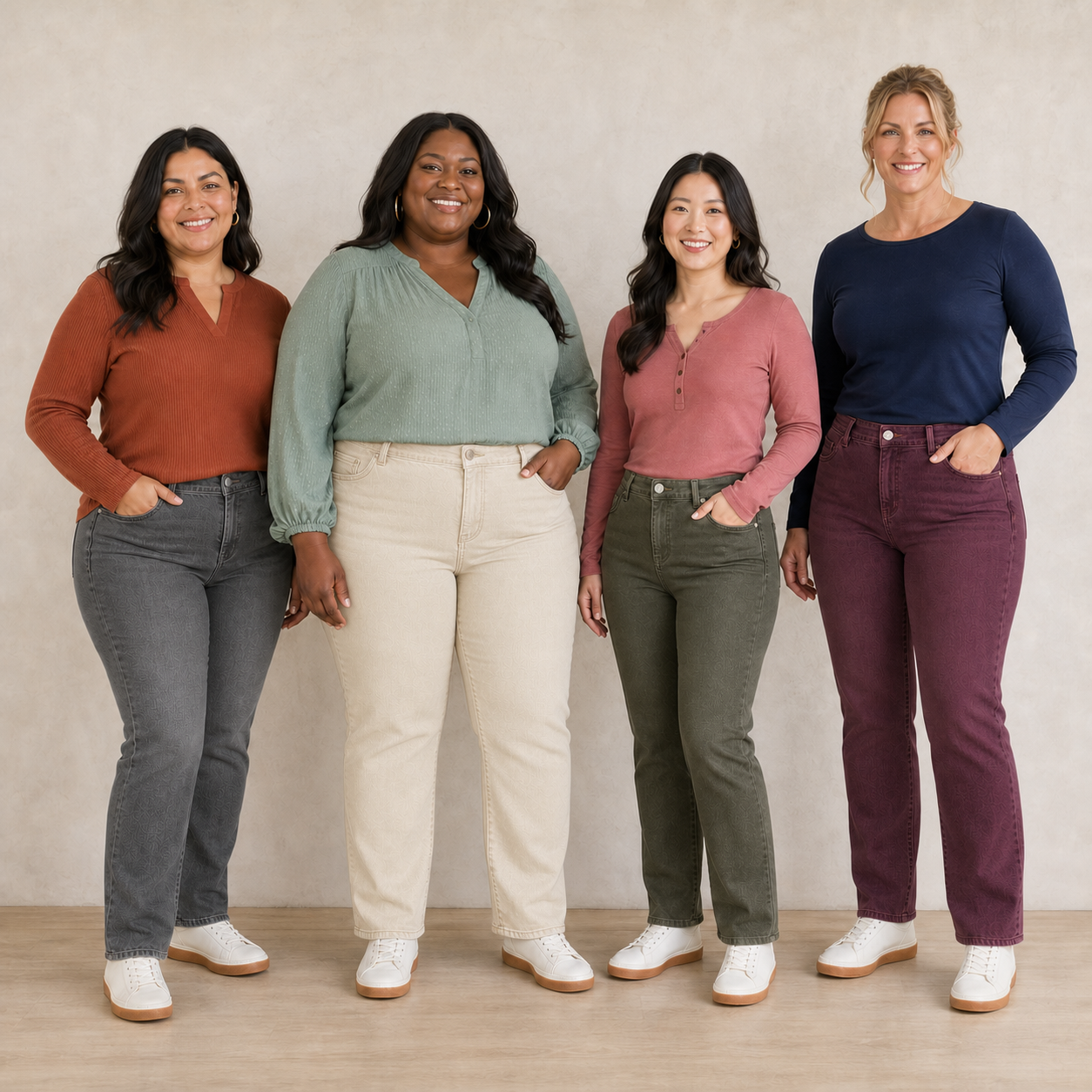 Four women wearing jeans in package B colors