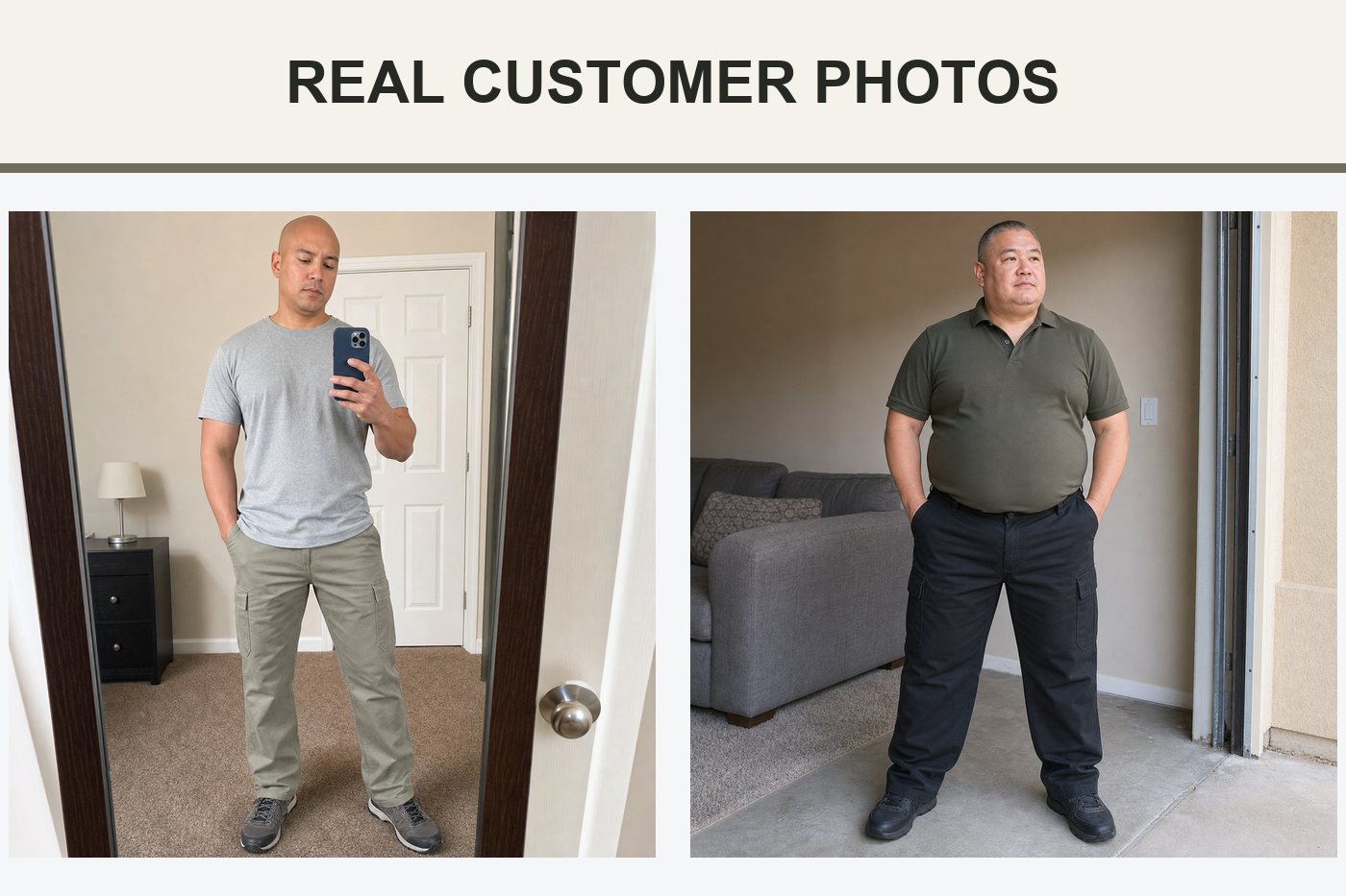 Real customer photos wearing khaki and black cargo pants