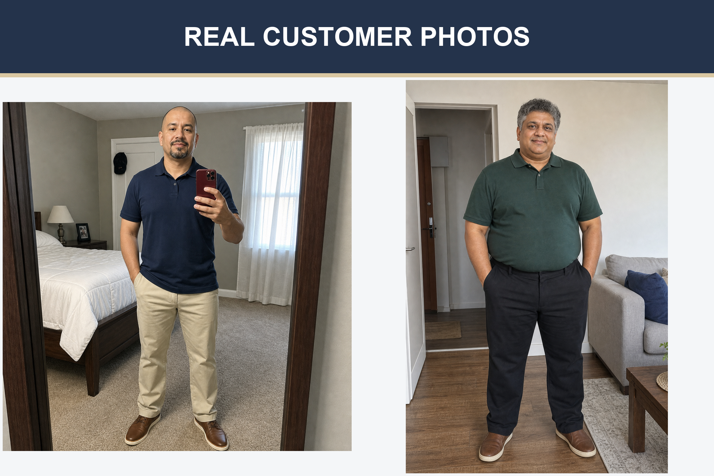 Real customer photos wearing sand khaki and black straight-leg pants
