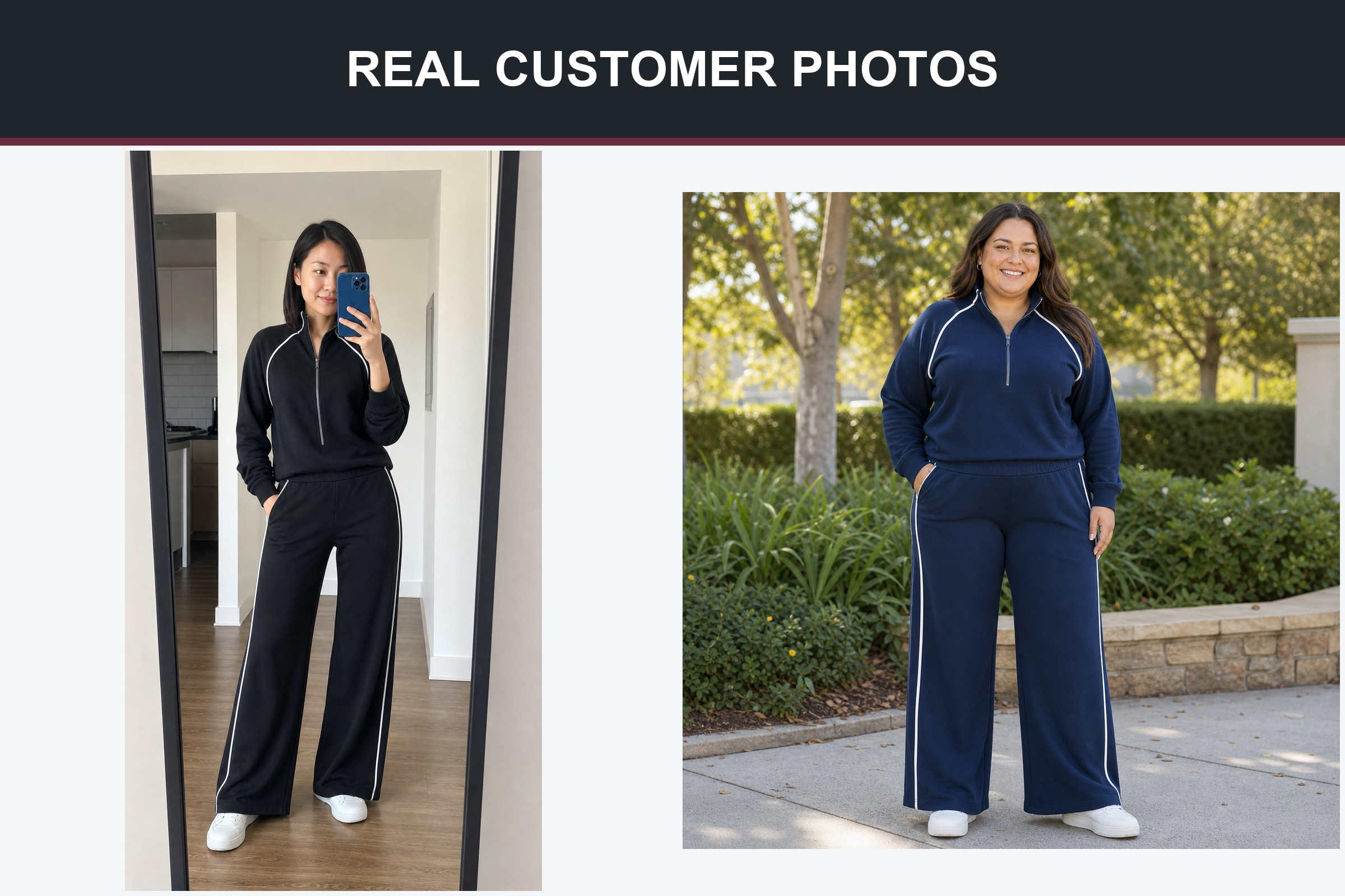 Real customer photos wearing black and navy piped sets