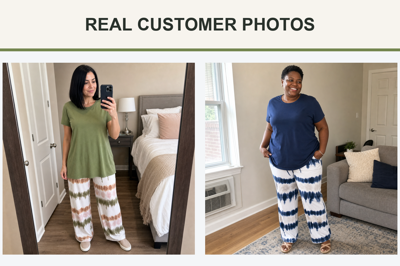 Real customer photos wearing olive and deep navy lounge sets