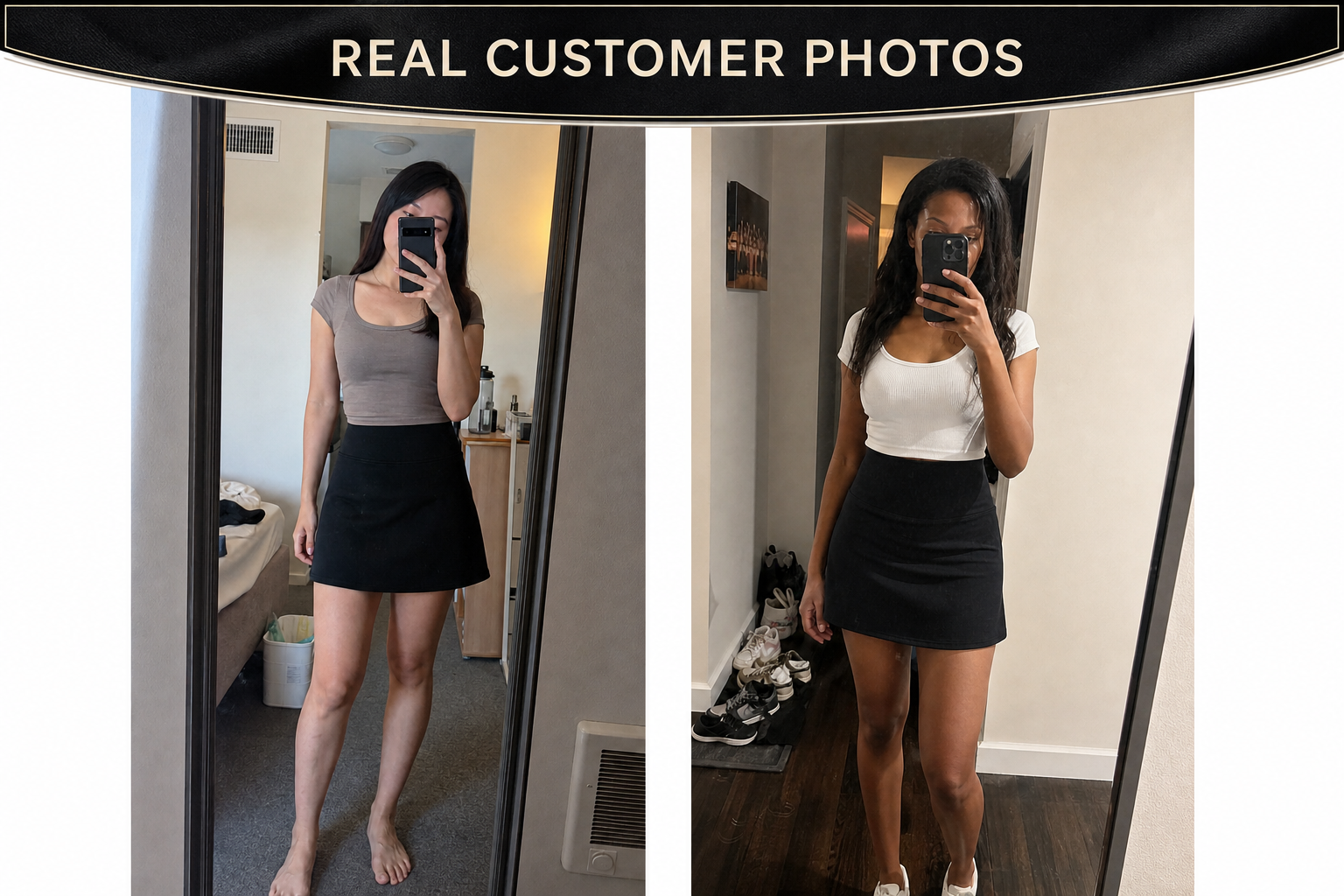 Real customer photos wearing black and navy mini skirts