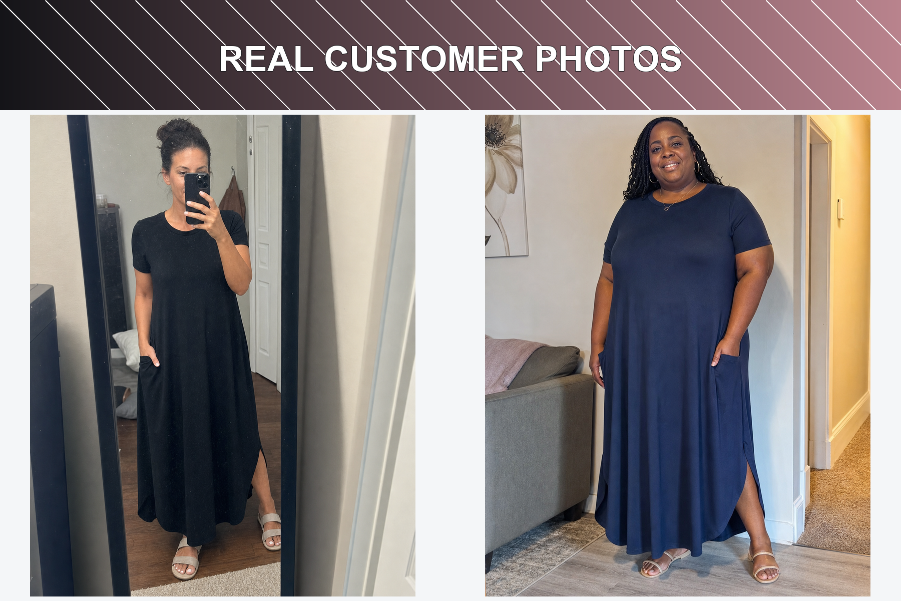 Real customer photos wearing black and deep navy pocket maxi dresses